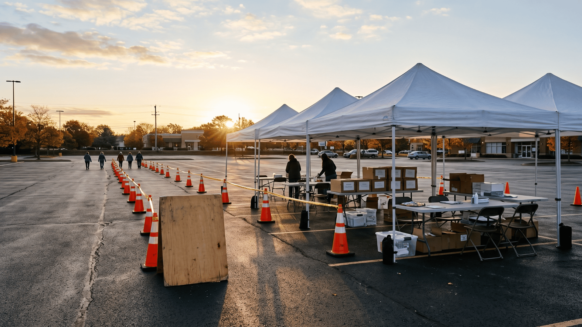 Outdoor community flu clinic being set up at sunrise before patients arrive