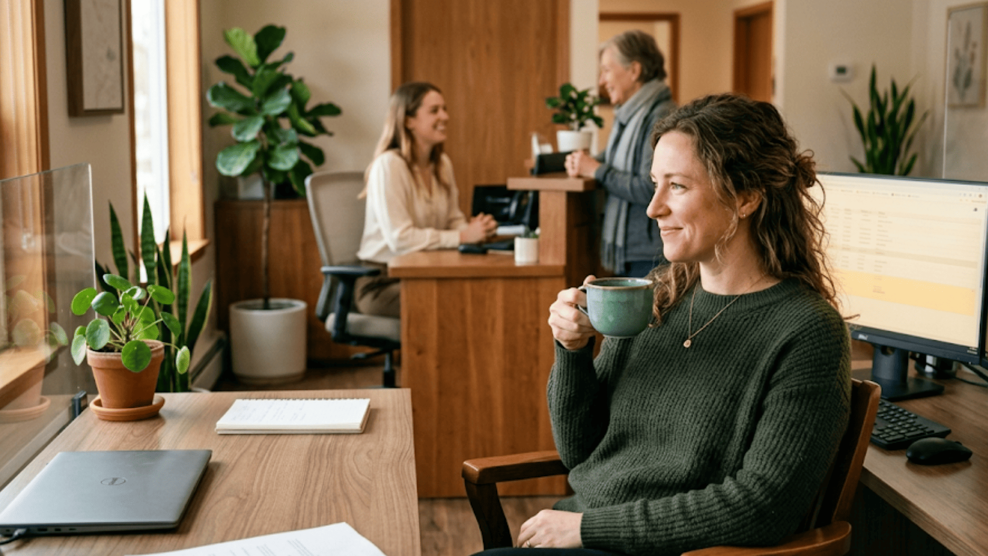 Relaxed office manager smiling at her desk