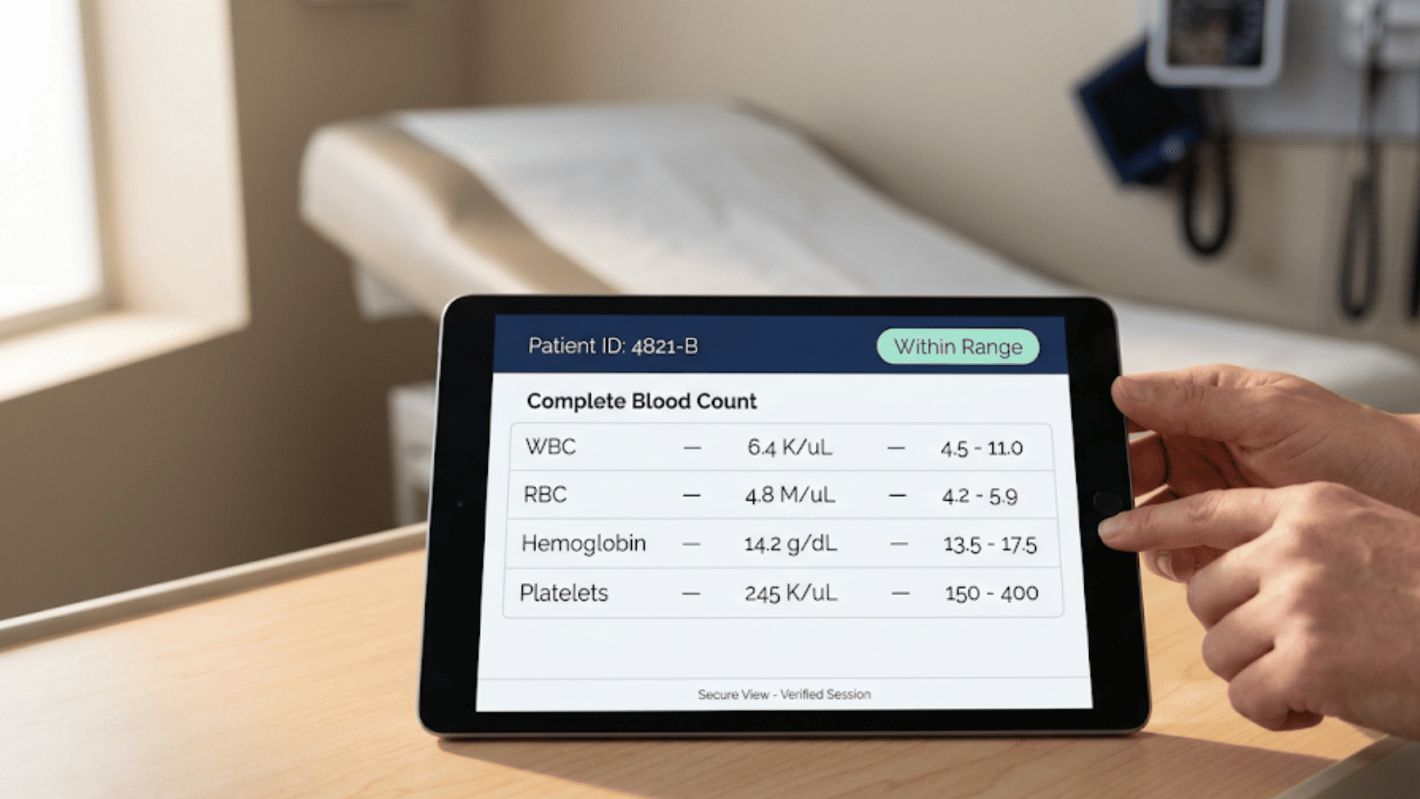 Tablet screen showing CBC values within range inside a verified secure session