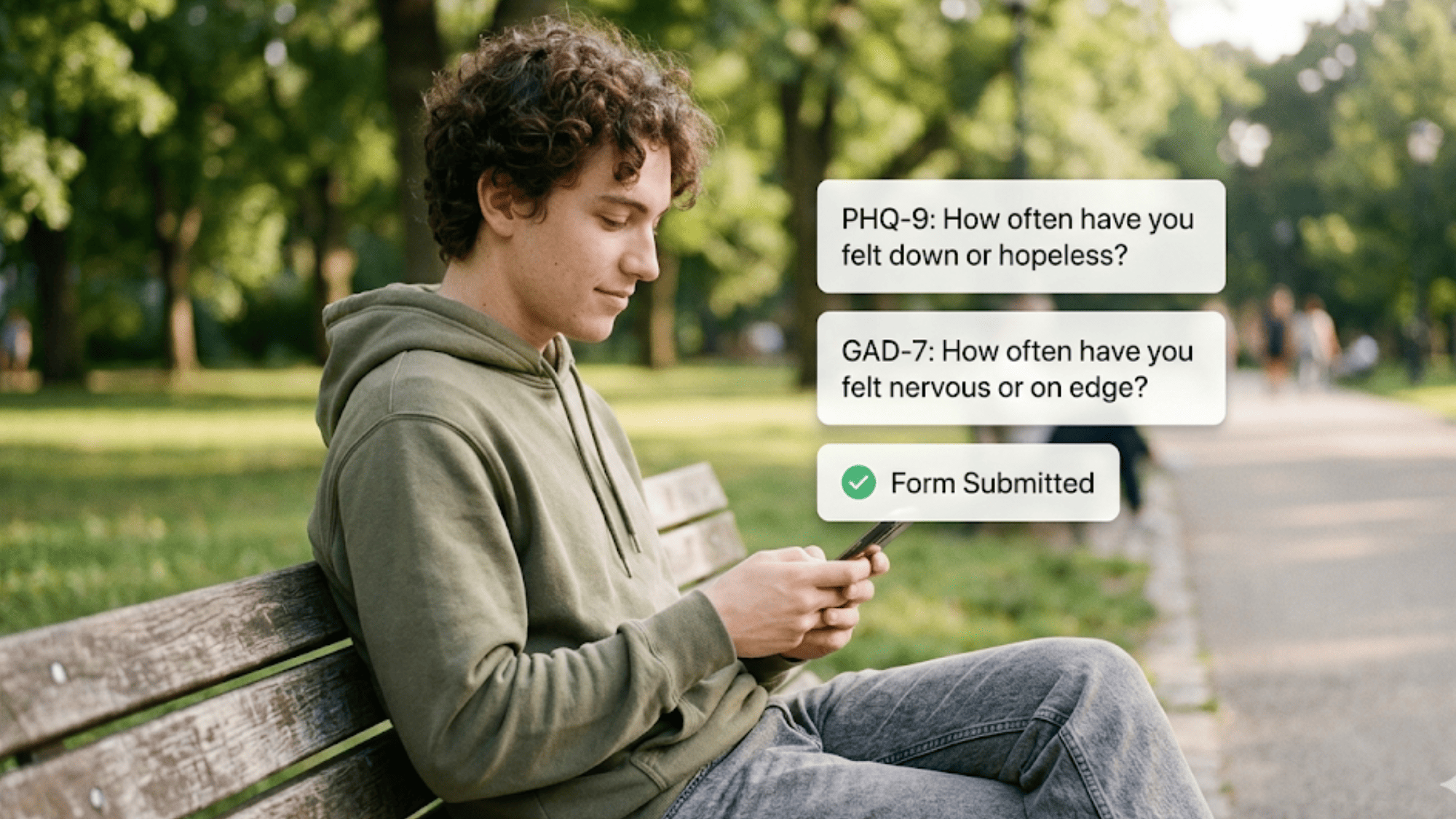 Young adult completing a PHQ-9 behavioral health form on their phone at a bus stop