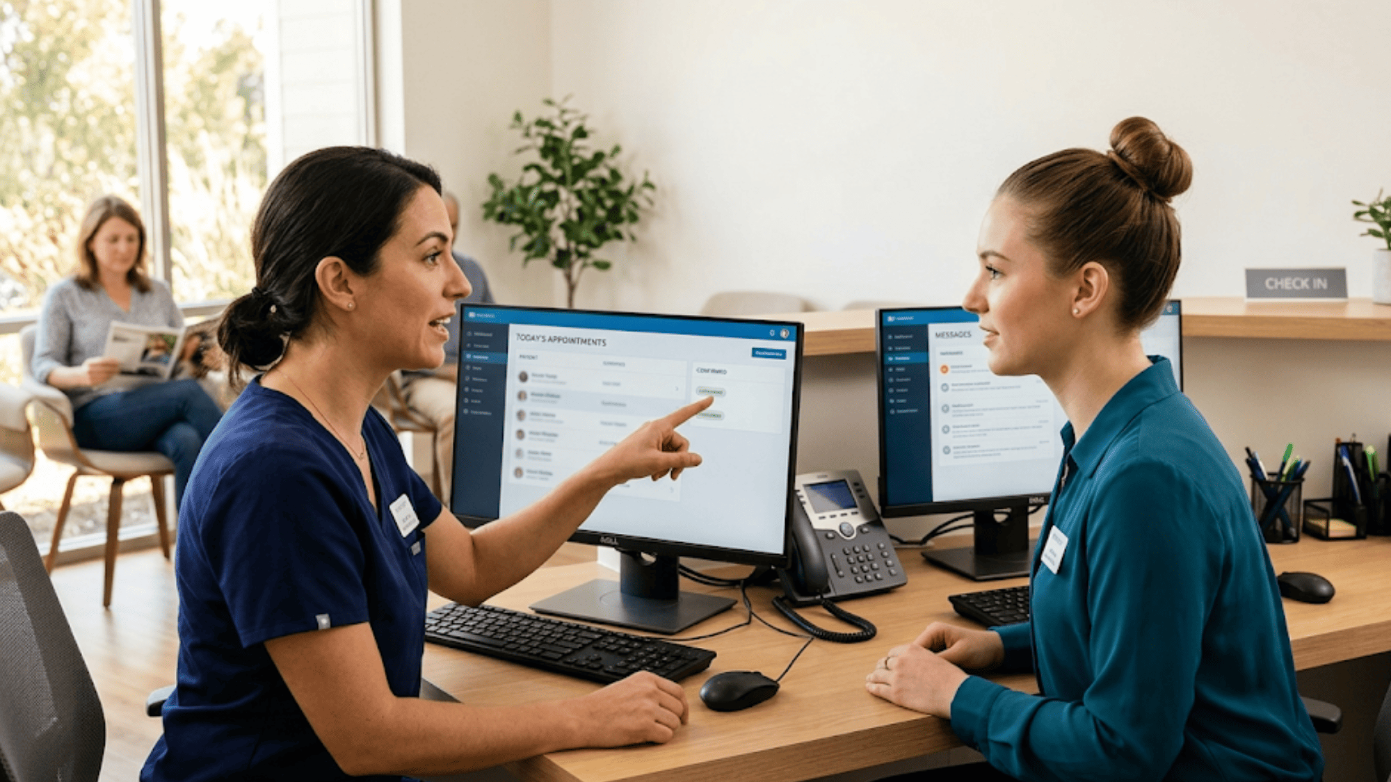 Front desk staff using Curogram software during a parallel deployment phase of Luma Health to Curogram migration