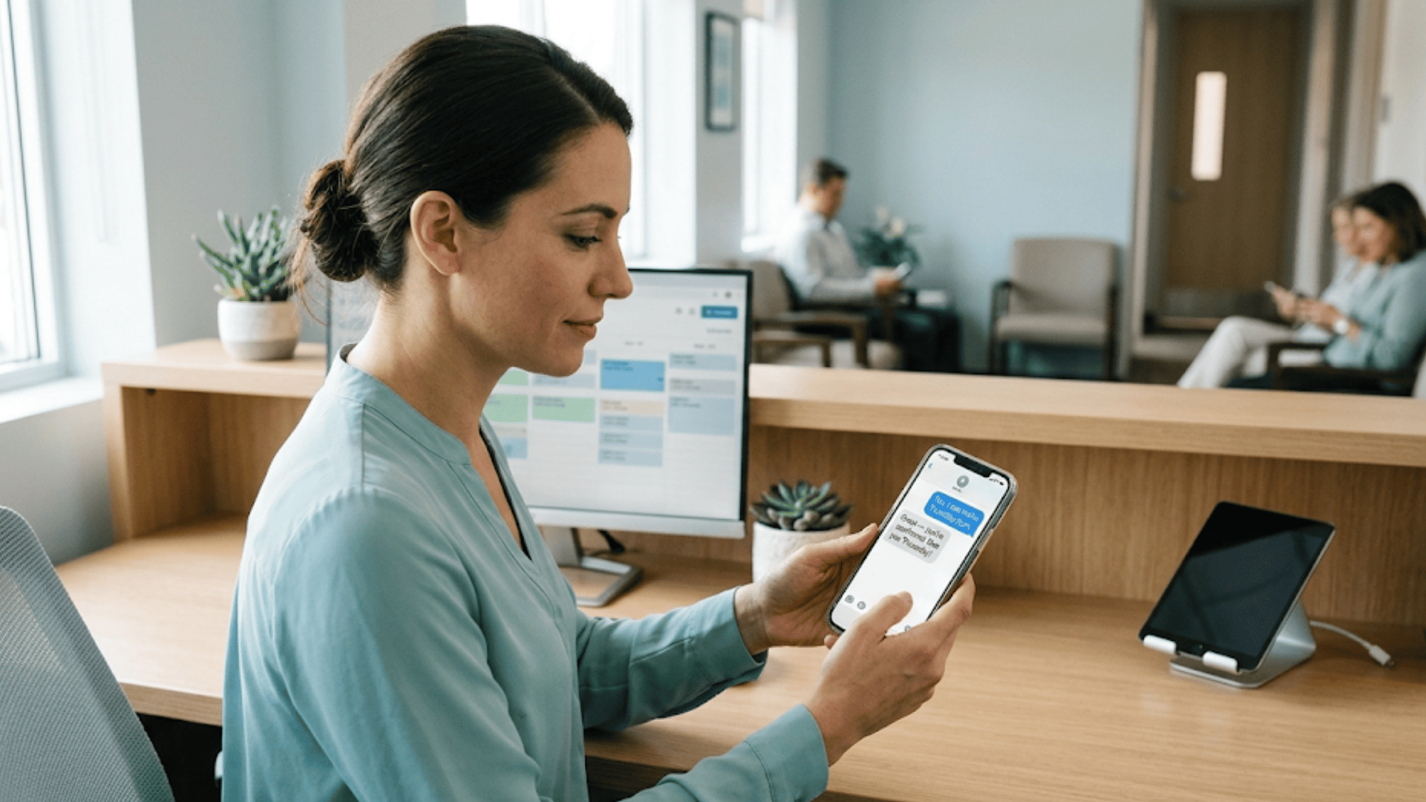 Front desk coordinator using two-way text messaging on a smartphone