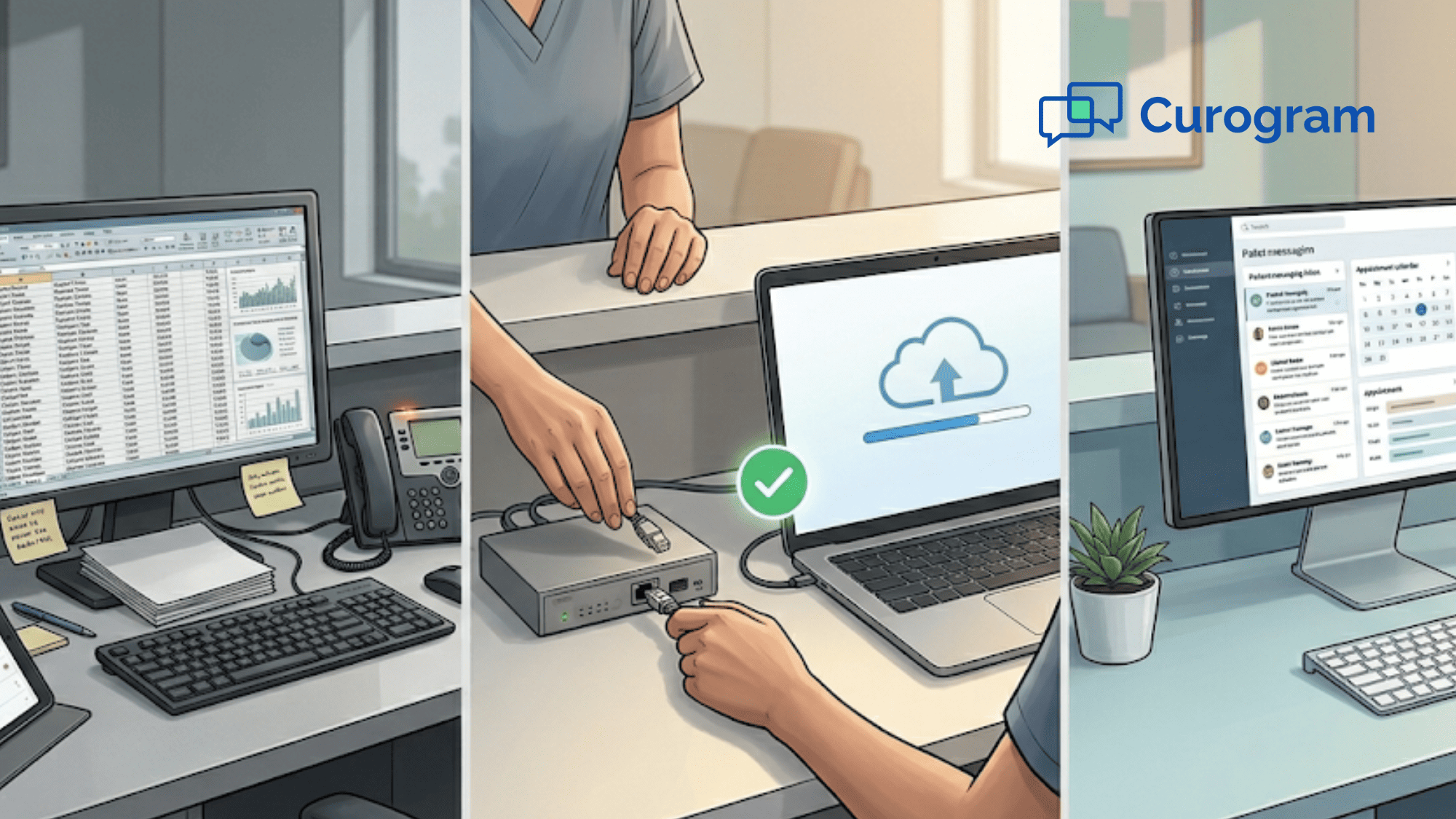 Three-panel illustration showing a medical office front desk transitioning from a cluttered legacy system setup to a clean modern unified patient communication platform