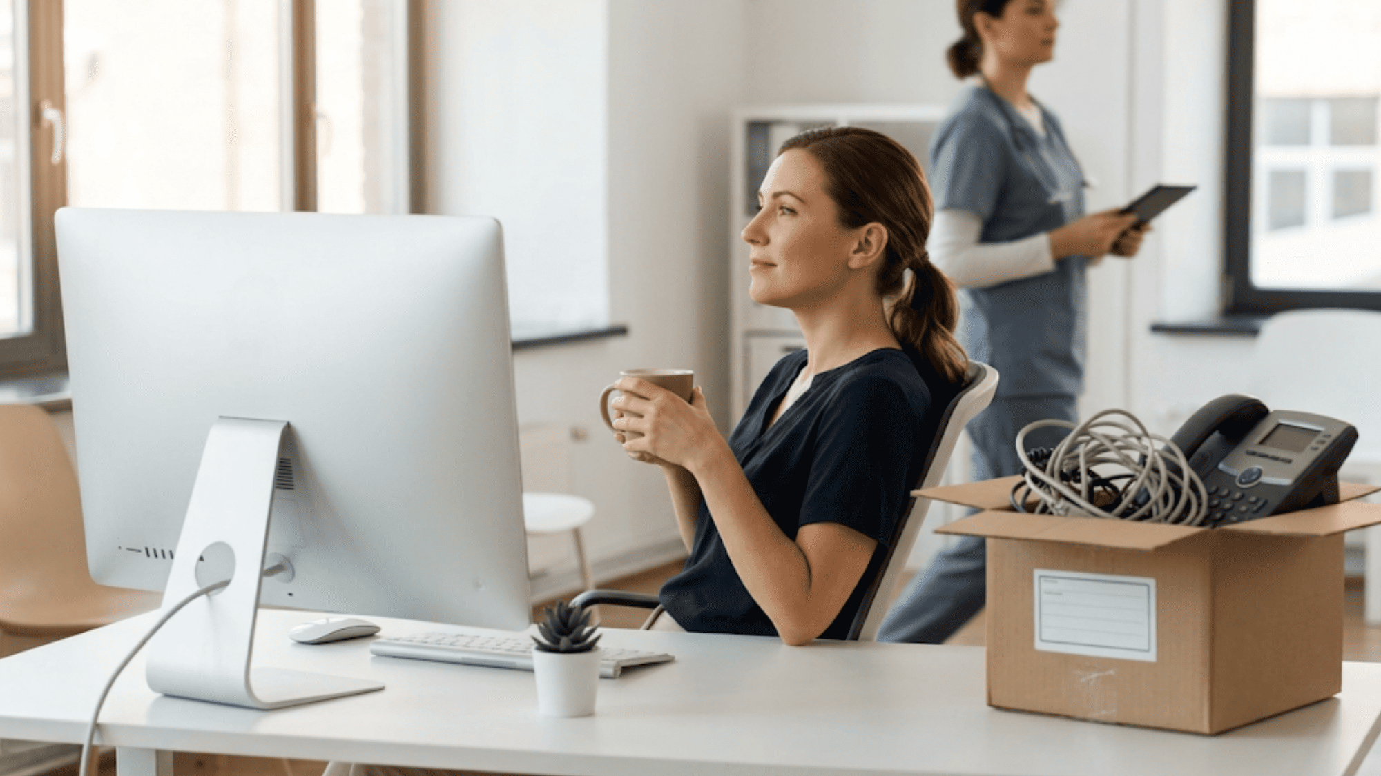 Medical office administrator at a clean modern desk with a box of decommissioned legacy phone equipment pushed aside after completing a platform migration