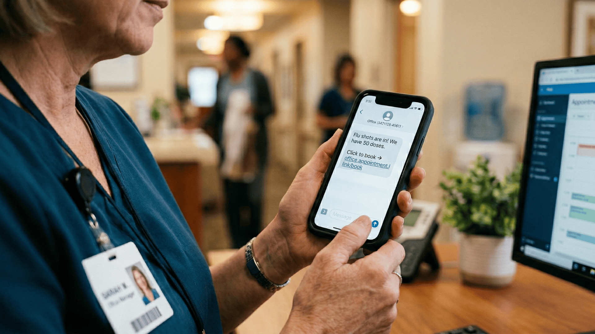 Office manager about to send a patient text blast from her smartphone at a medical practice
