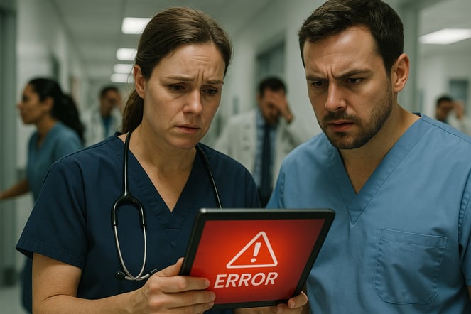 Medical staff looking concerned at an error on a tablet, showing how a cyberattack disrupts patient care, highlighting why cybersecurity is important in healthcare.