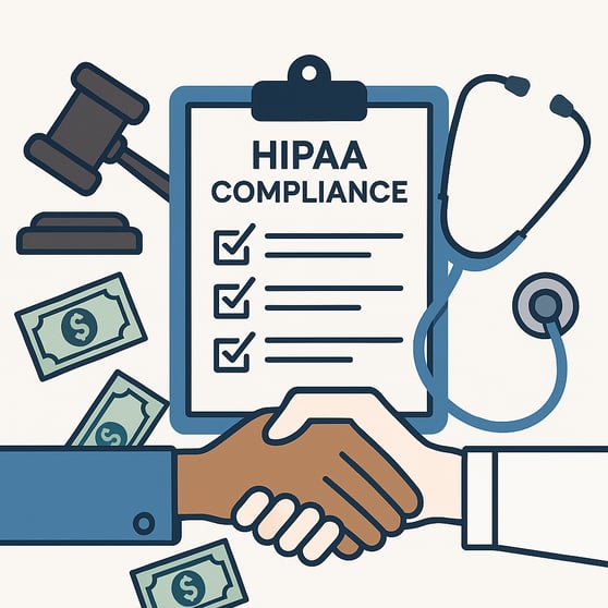 An illustration showing a gavel, stethoscope, and HIPAA form, representing the financial and regulatory importance of cybersecurity in healthcare.