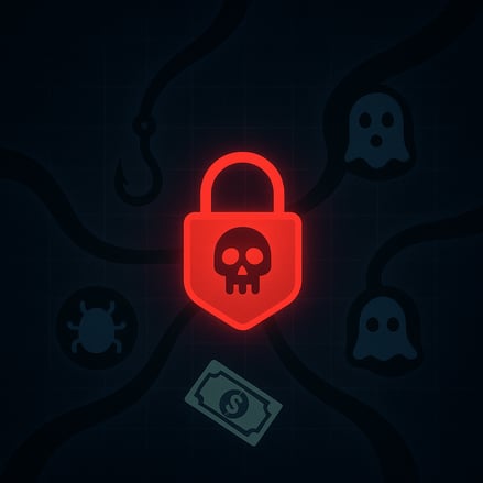 A symbolic image of a compromised padlock under attack from various digital threats, showcasing the need to defend against ransomware and phishing in healthcare.