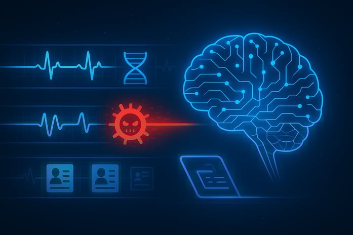 An AI brain analyzing and securing healthcare data, demonstrating the growing importance of artificial intelligence in healthcare cybersecurity.