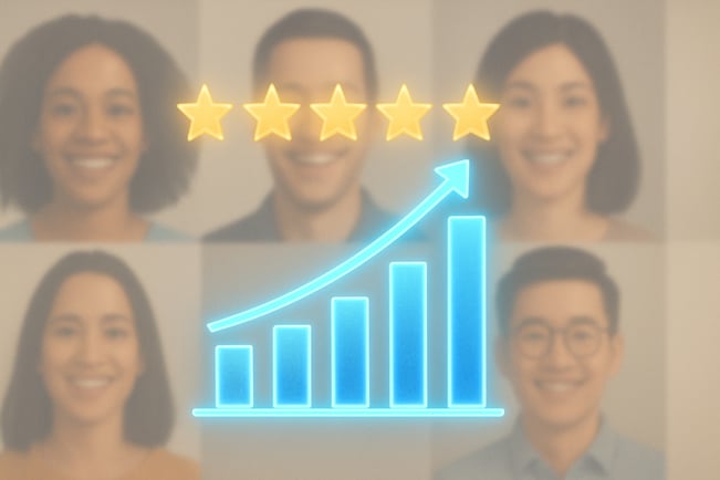 Diverse smiling team members with 5-star customer rating and upward business growth chart overlay — representing excellent service, customer satisfaction, and team performance