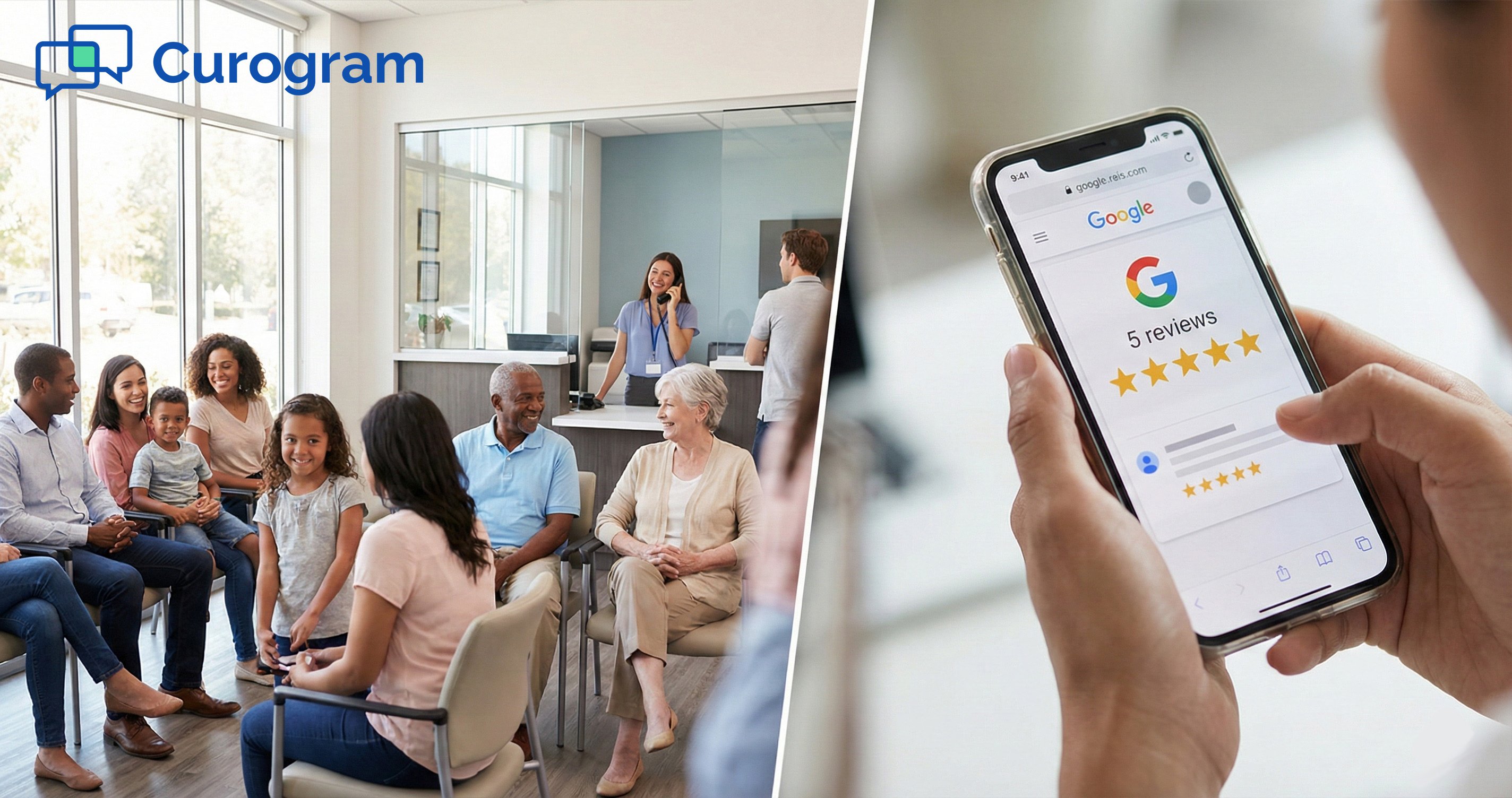 Split image: a busy medical clinic reception area next to a phone showing a 5-star Google review