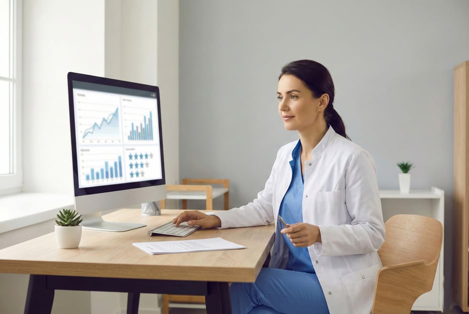 Doctor in a medical office reviewing growth data and patient satisfaction ratings on a monitor