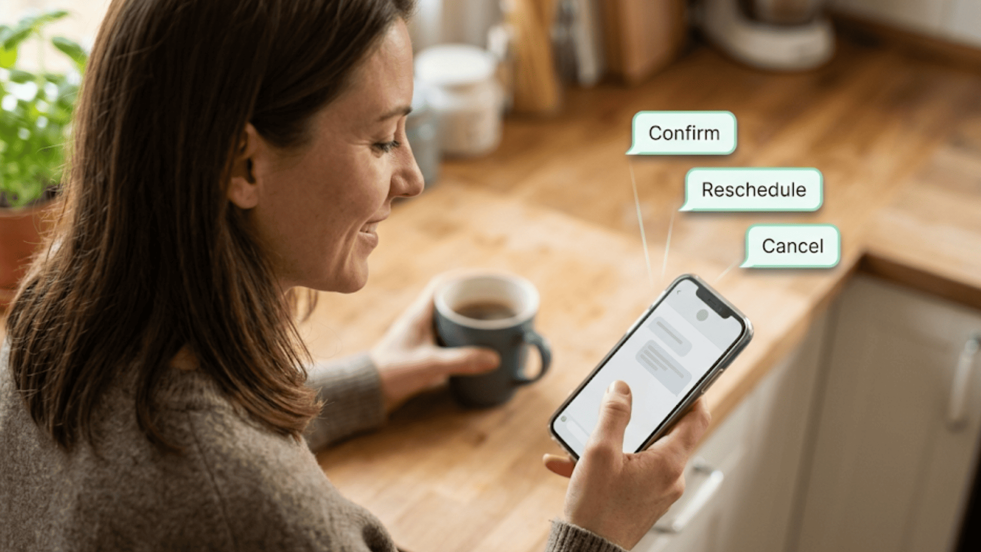 Patient using smartphone to confirm, reschedule, or cancel an appointment through two-way SMS reminder