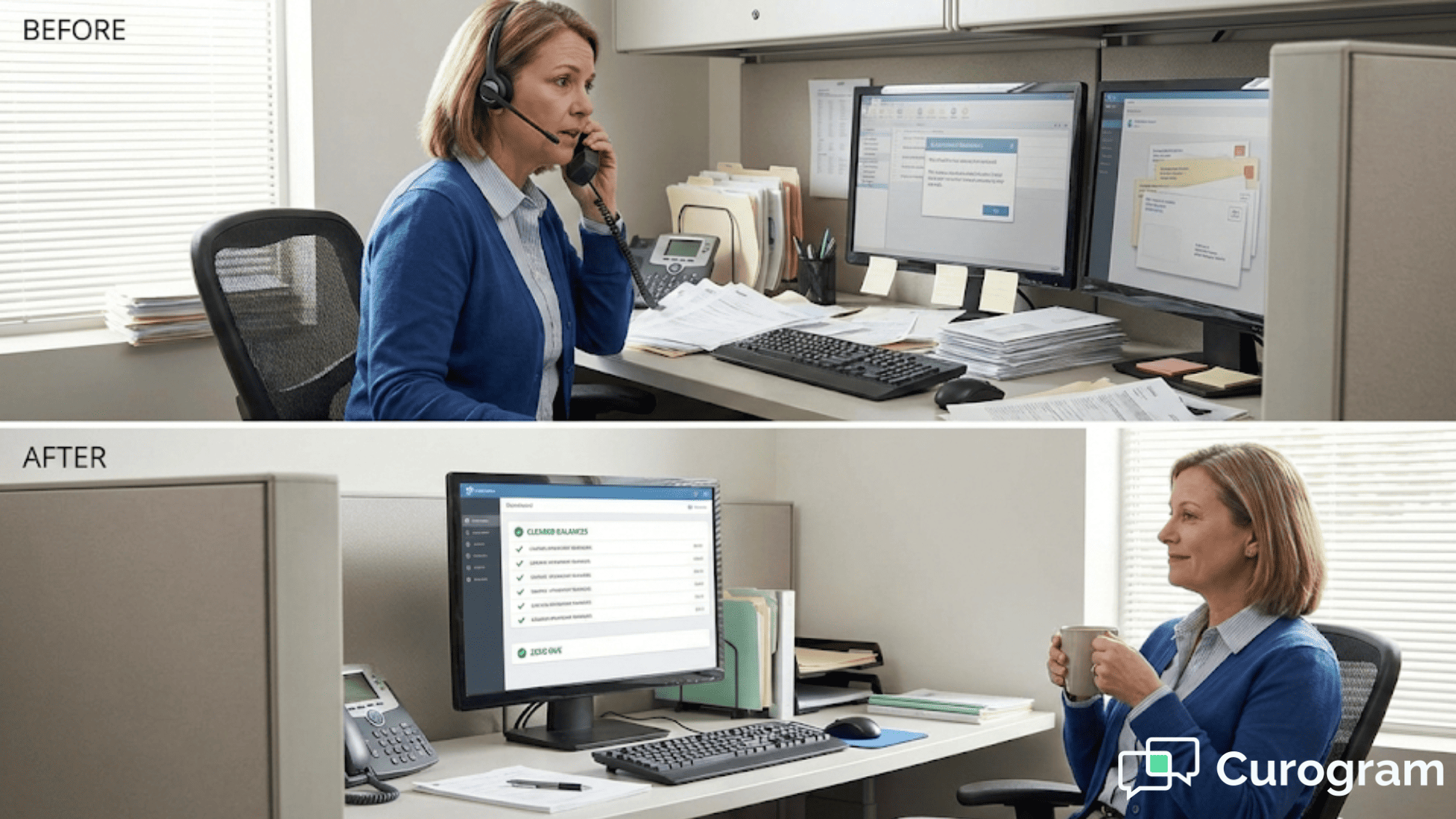 Before-and-after view of billing staff workload decreasing with digital payment tools