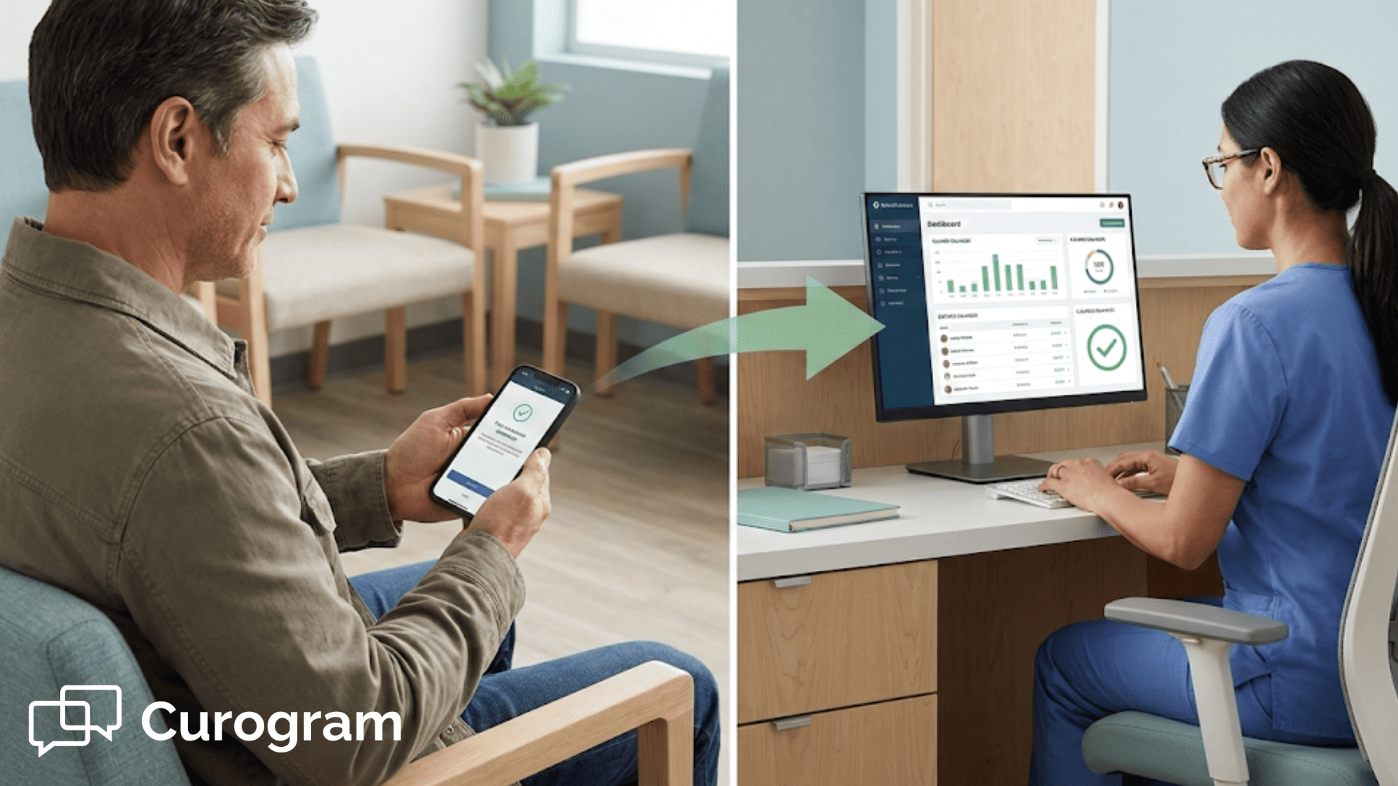Patient completing a medical payment on a smartphone while clinic staff review cleared balances