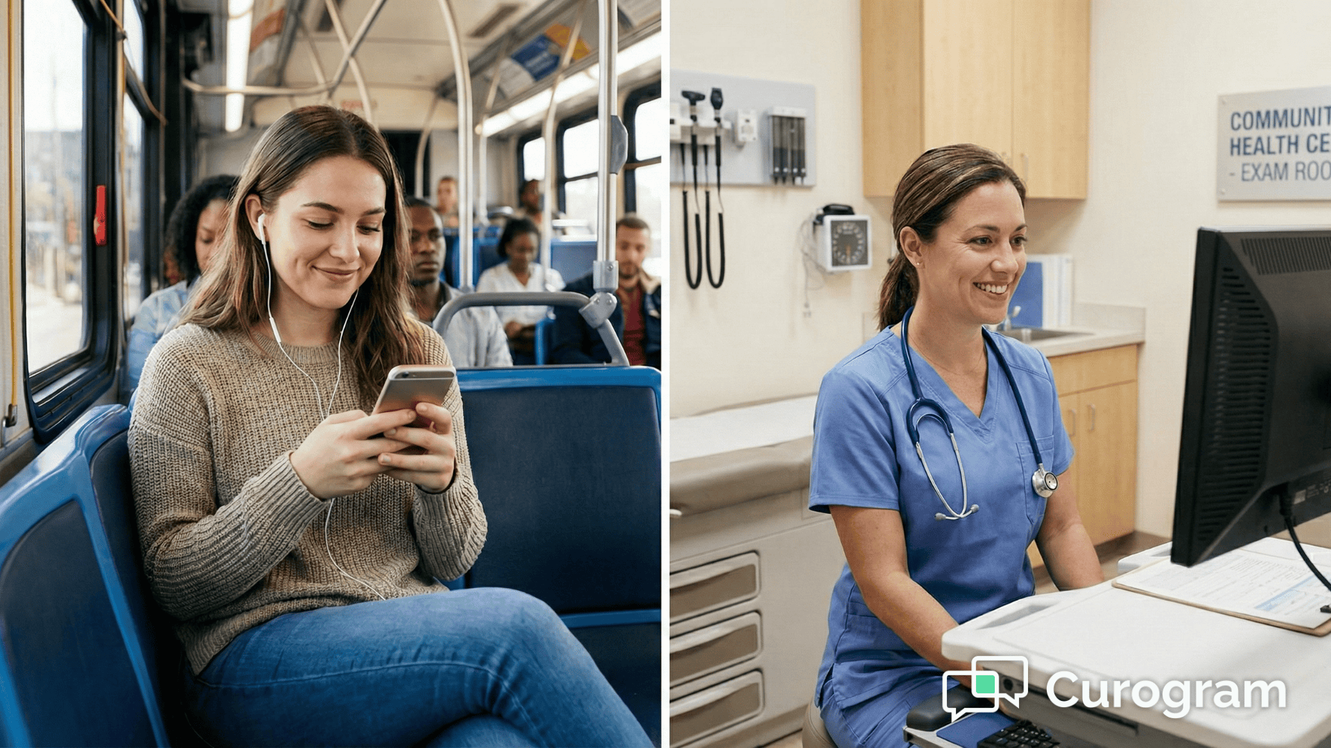 Young woman discreetly texting a pregnancy center from a city bus