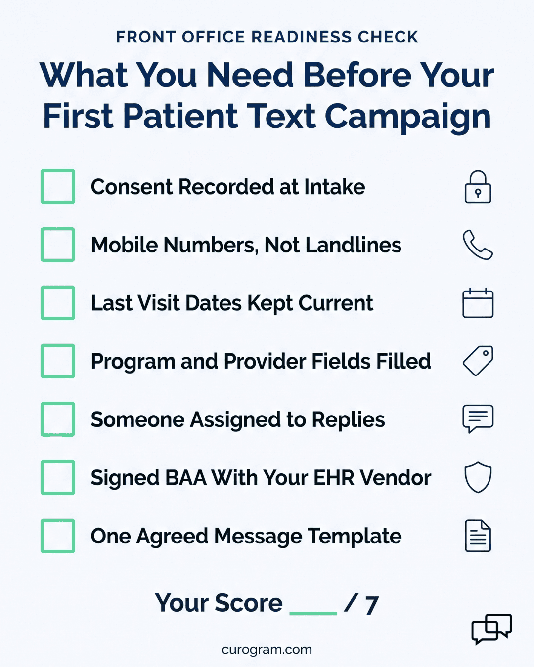 Printable checklist of seven items a practice needs before sending patient mass texts from InSync EHR