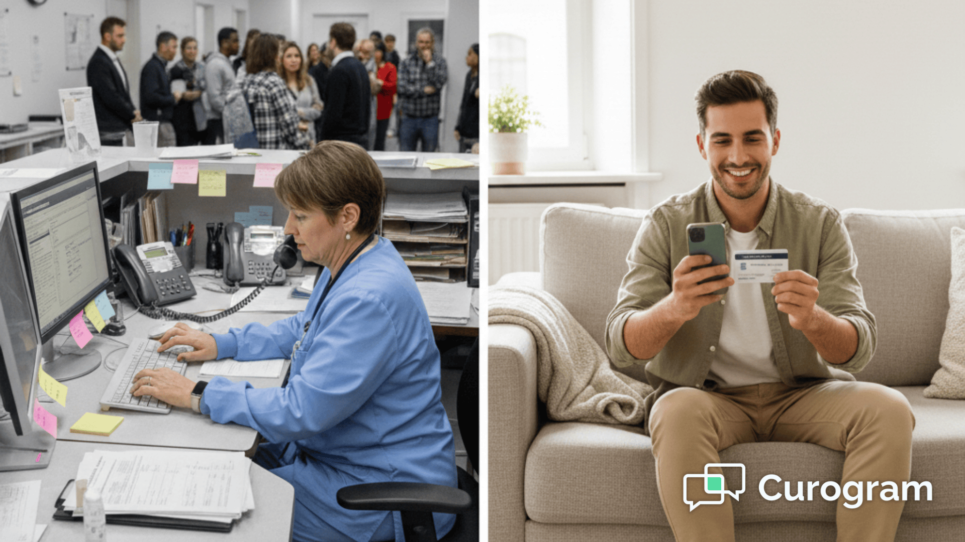 Patient using smartphone to photograph insurance card at home versus busy office check-in