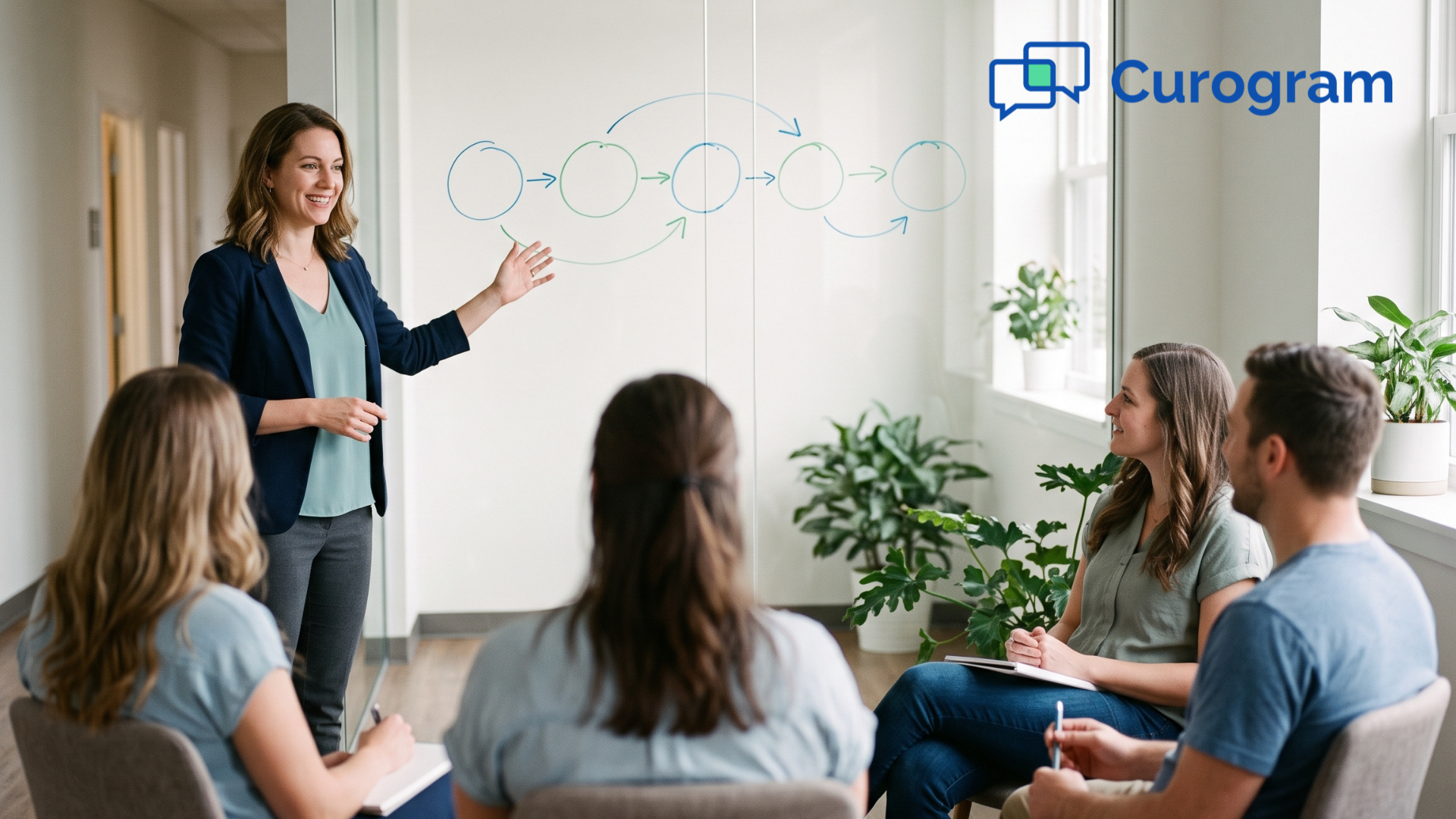 Practice manager leading staff training on HIPAA email policies in a bright, modern office