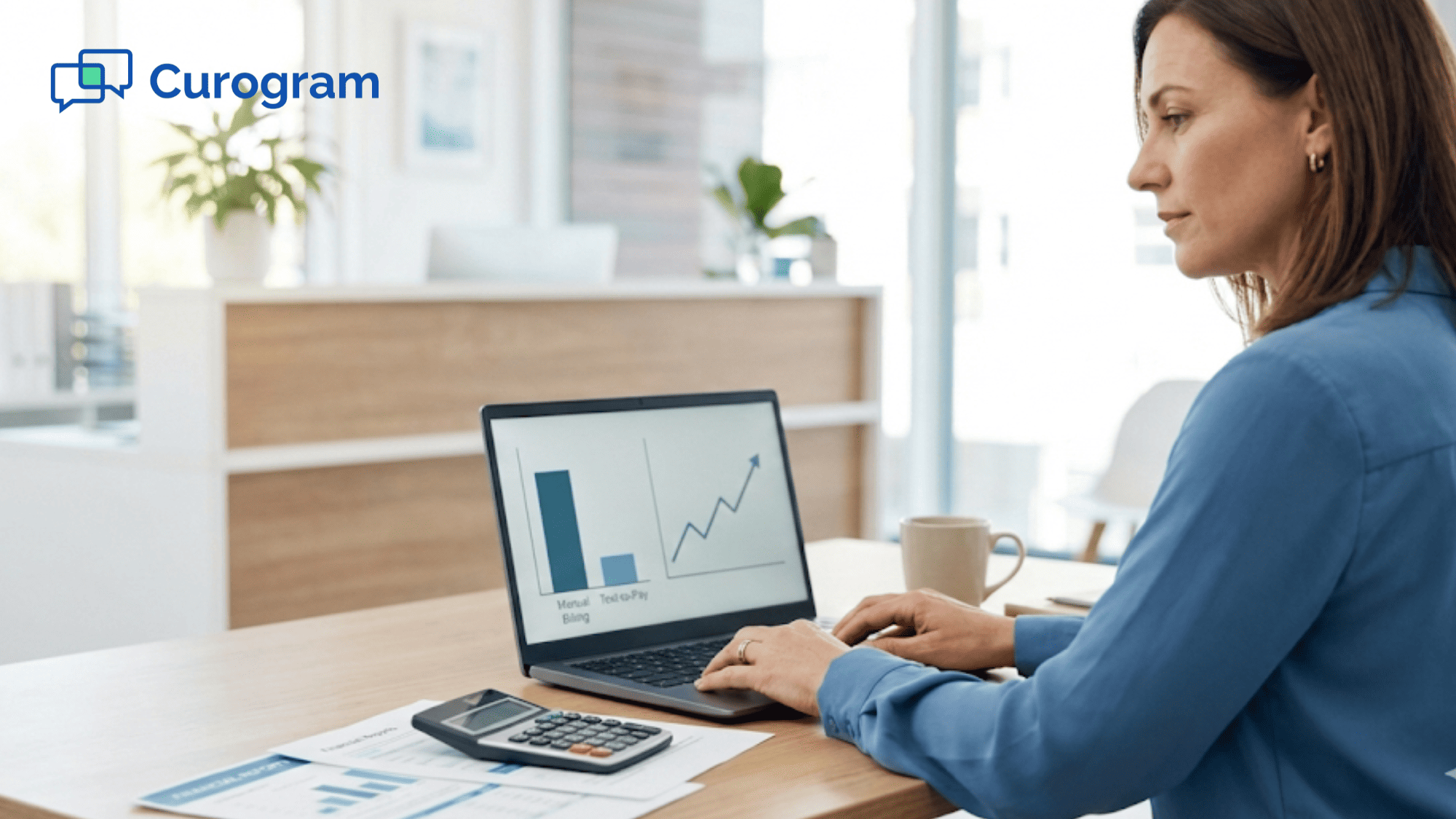 Clinic administrator reviewing text-to-pay ROI calculations on laptop with financial charts