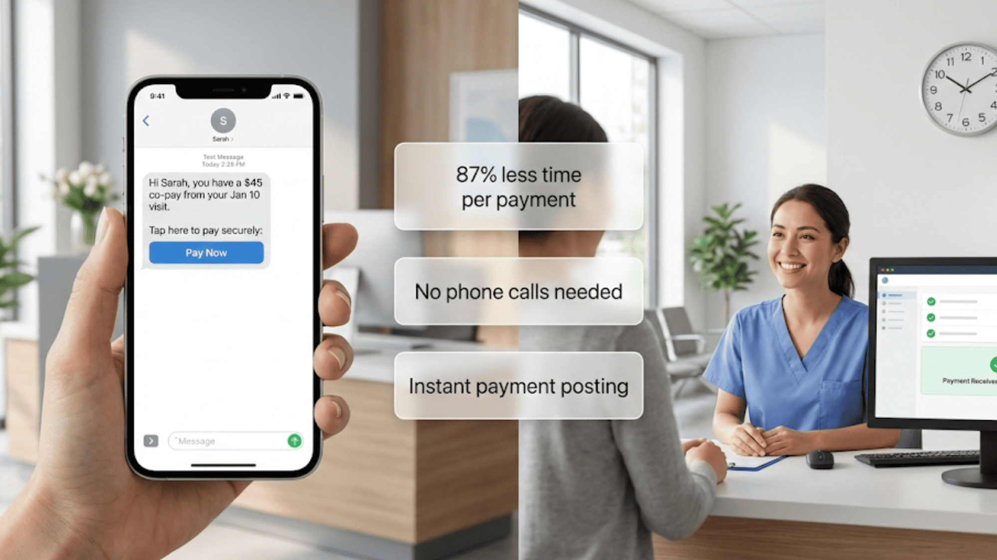 Is Text-to-Pay Right for My Practice A Quick ROI Checklist-inlineMedical receptionist helping patient while text-to-pay message displays on smartphone screen
