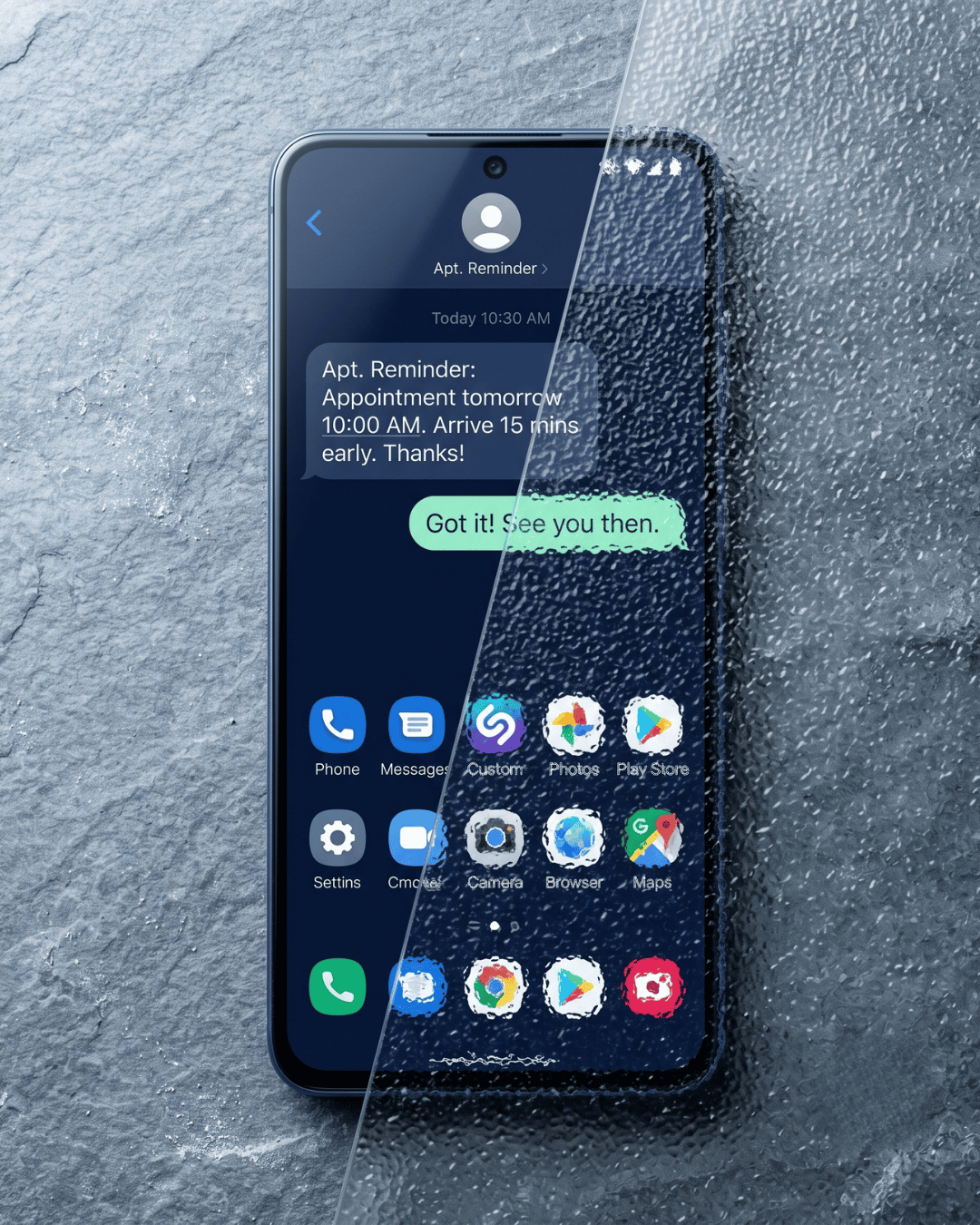 Phone screen half obscured by privacy glass, showing HIPAA compliant texting security
