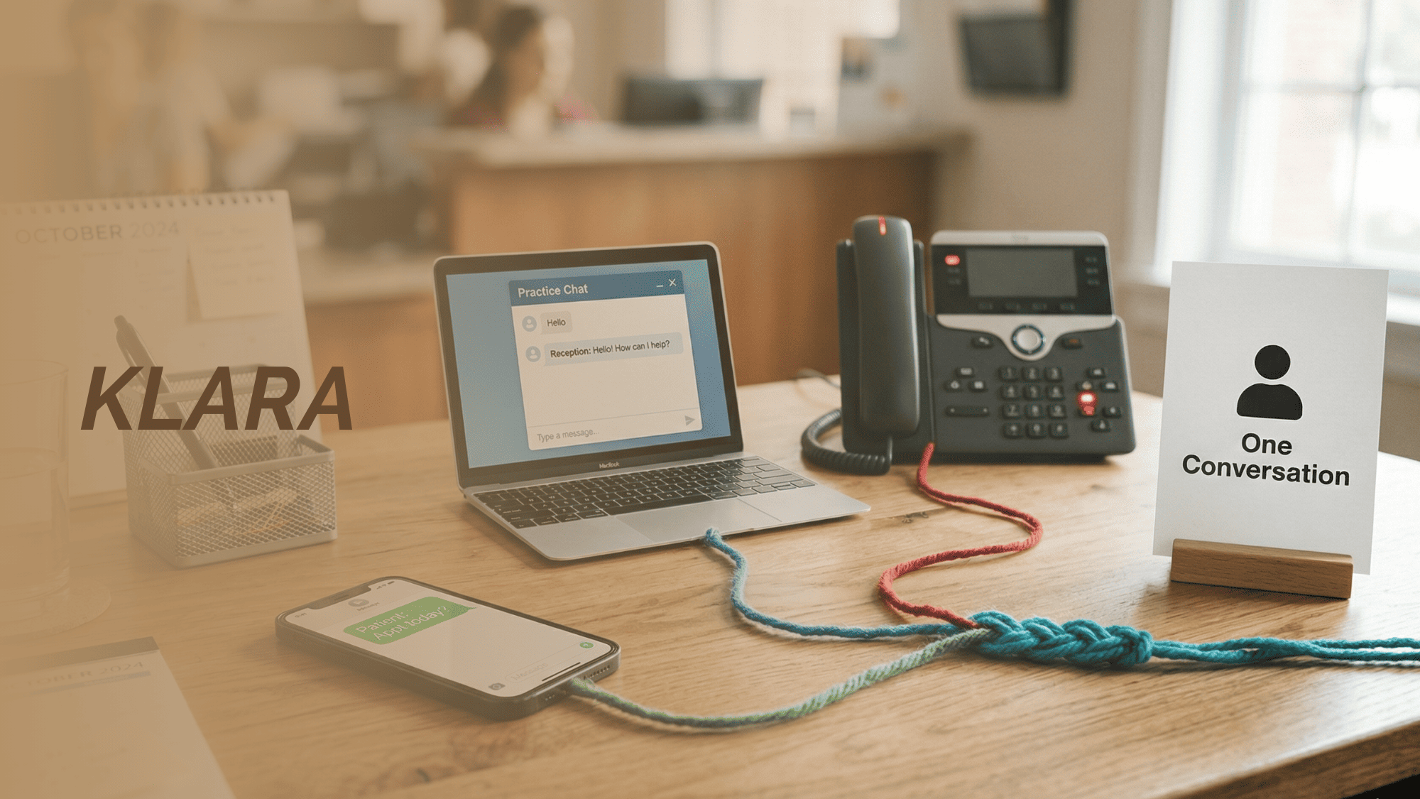 Three communication channels braiding into one unified patient conversation thread on a medical desk