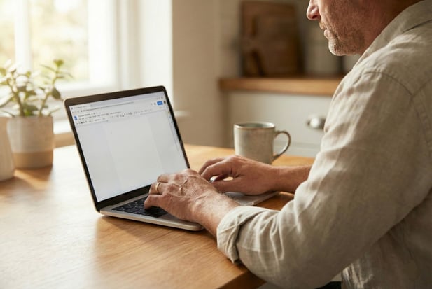 A man using a laptop at home, possibly to book a telehealth appointment or research treatment
