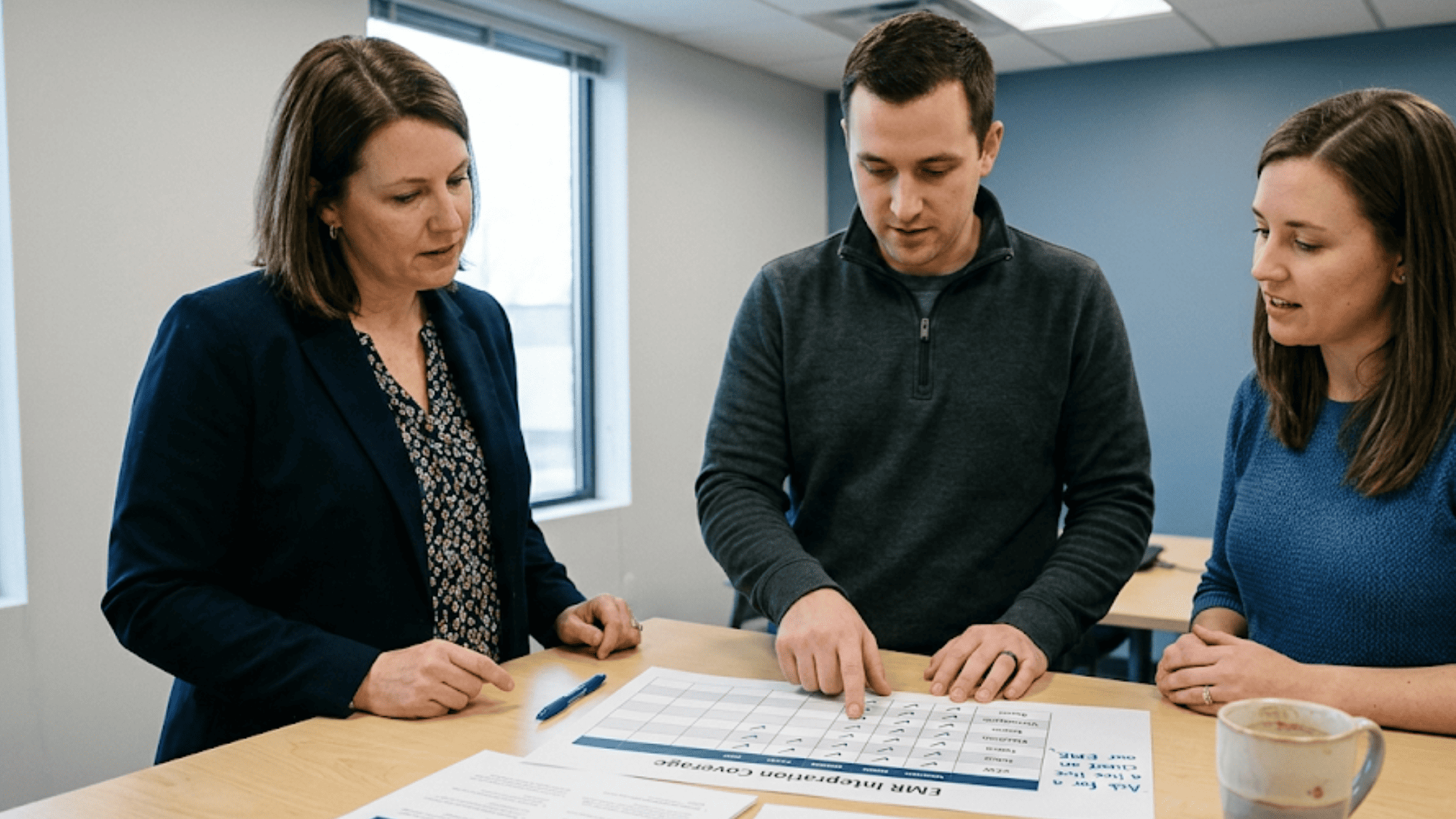 Practice leaders comparing patient texting platforms using a printed EMR coverage chart in a back office