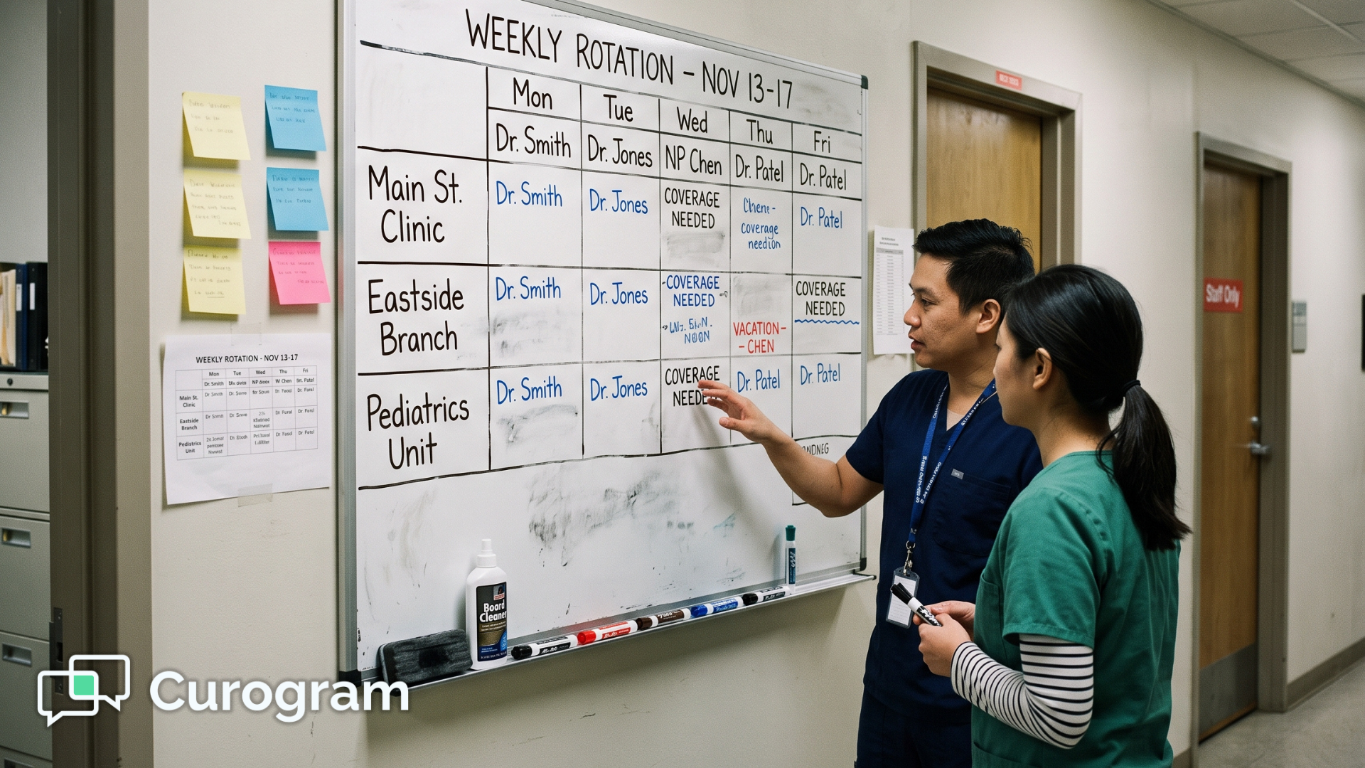 Front desk staff reviewing a multi-location provider rotation board in a medical clinic
