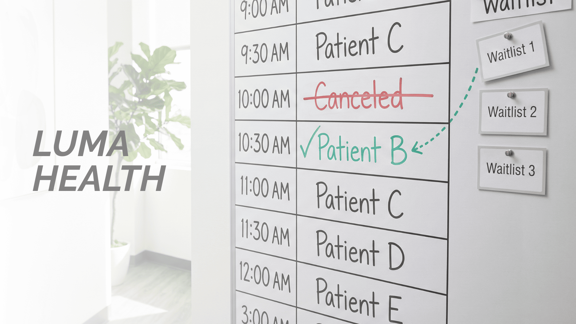Medical office schedule board showing a canceled slot automatically filled from a patient waitlist