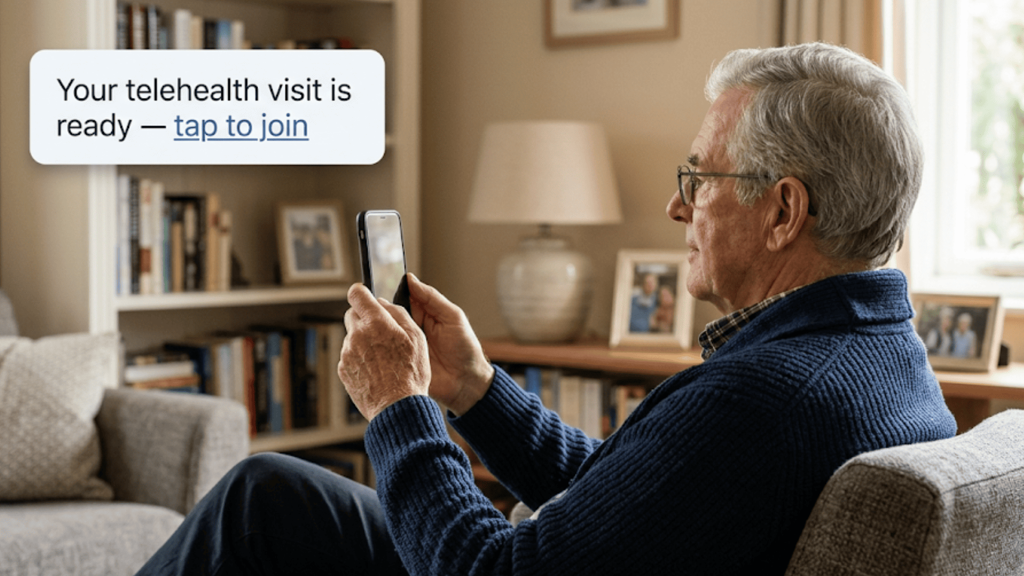 Older man in an armchair joining a text-link telehealth visit alongside CureMD