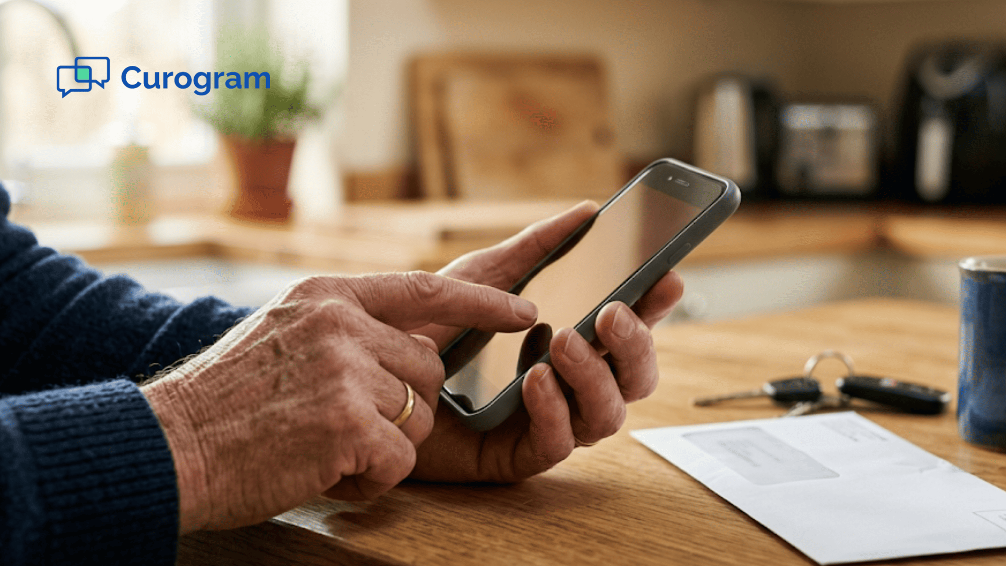 Close-up of hands tapping a phone to pay a bill as a sealed paper billing envelope sits ignored on the counter