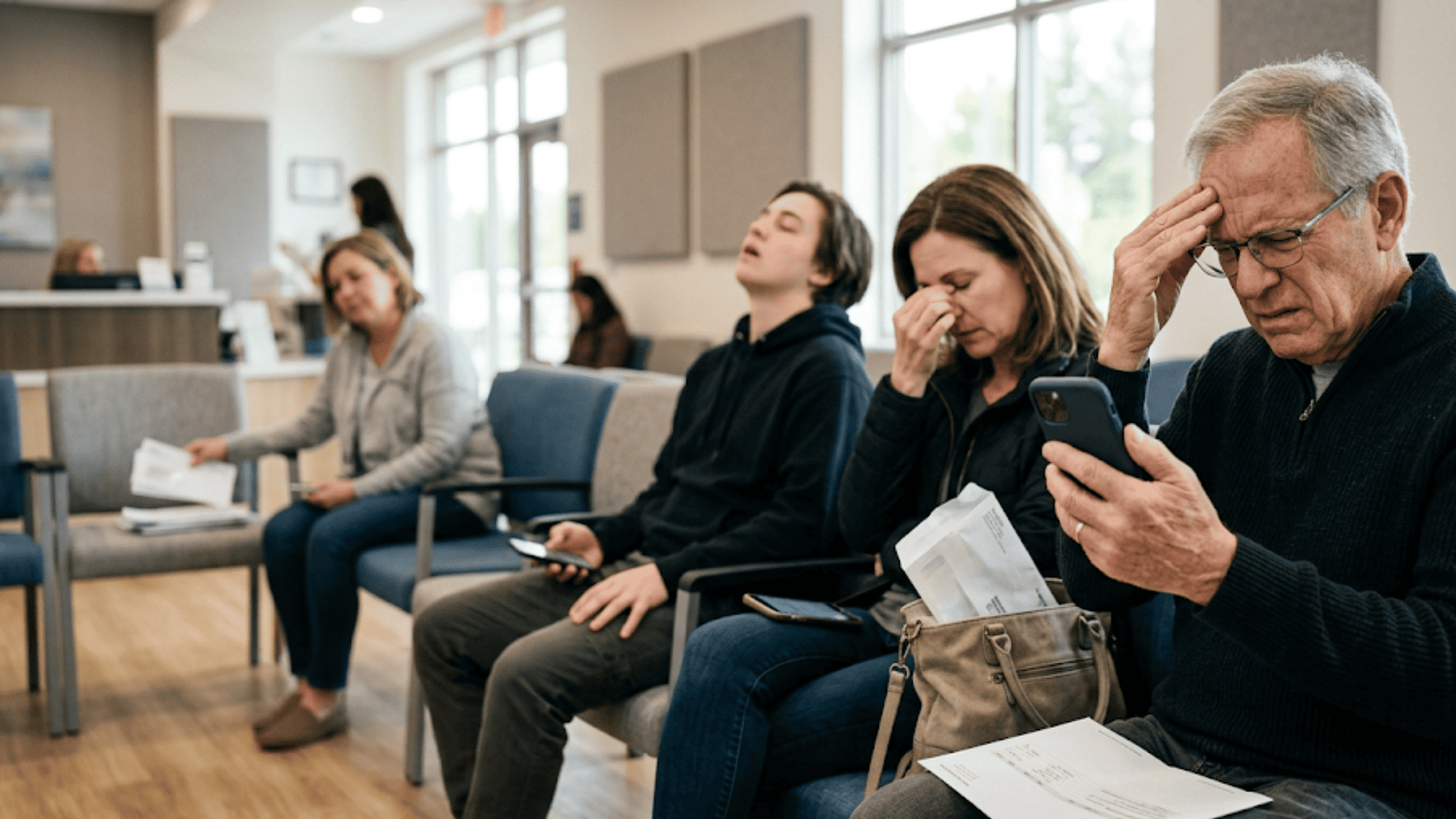 Multiple patients stalled at a portal login screen in a waiting room, mailed medical bills left unopened