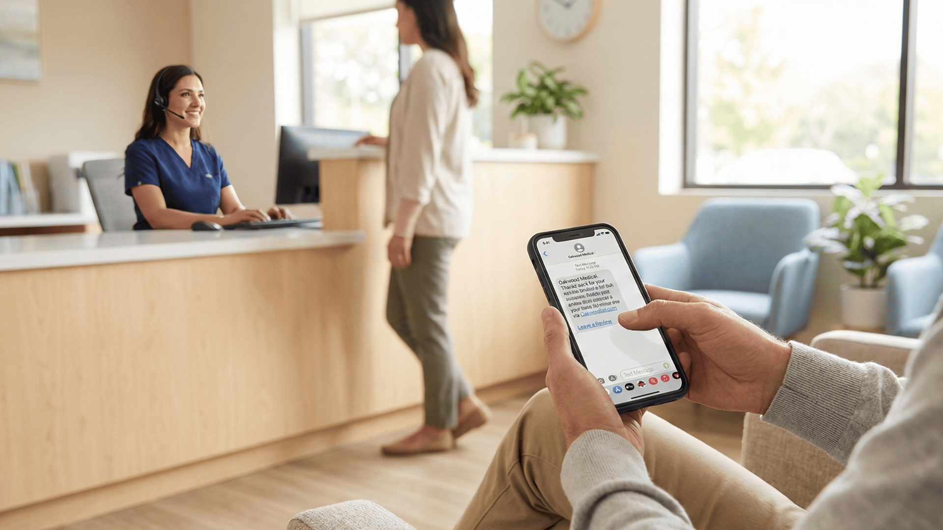 Patient in waiting room receiving an automated SMS review request after a CureMD appointment