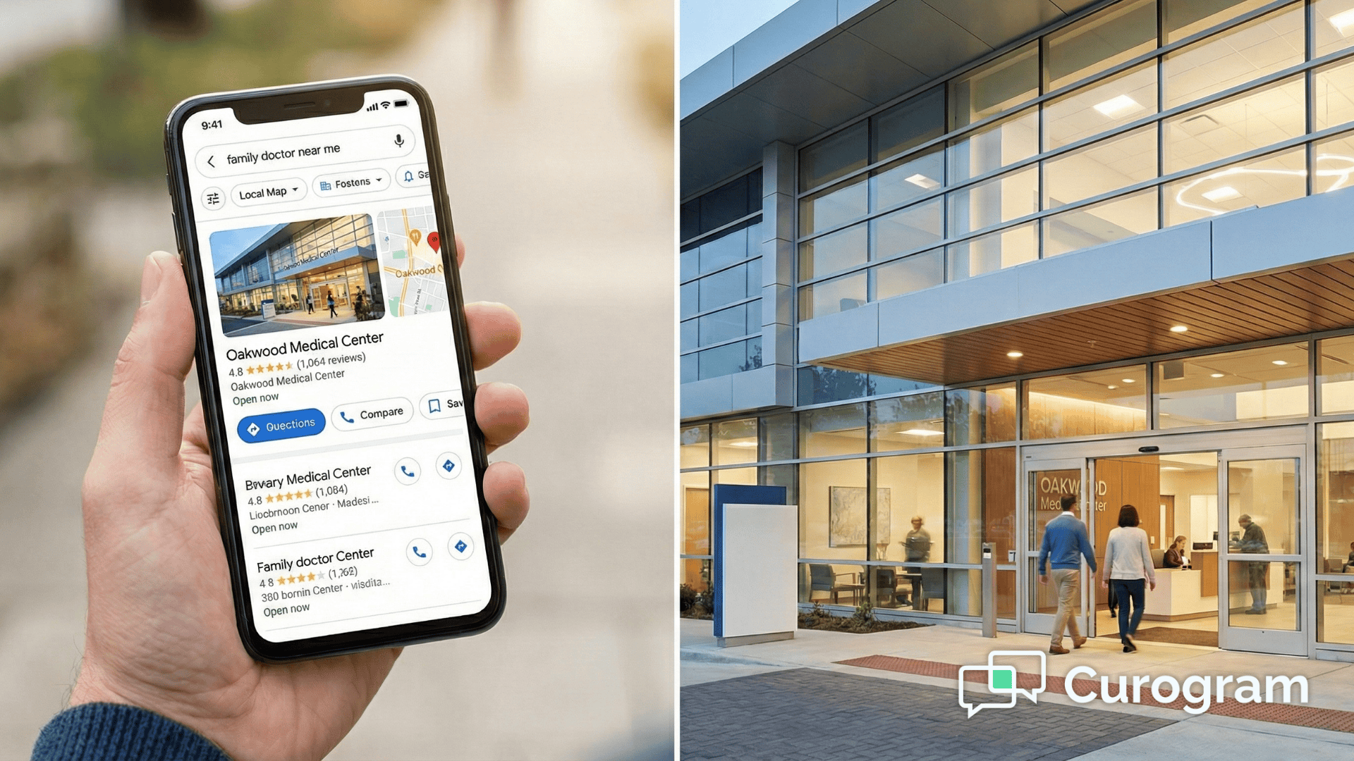 Patient searching Google Maps for a local medical practice with top-rated results on smartphone