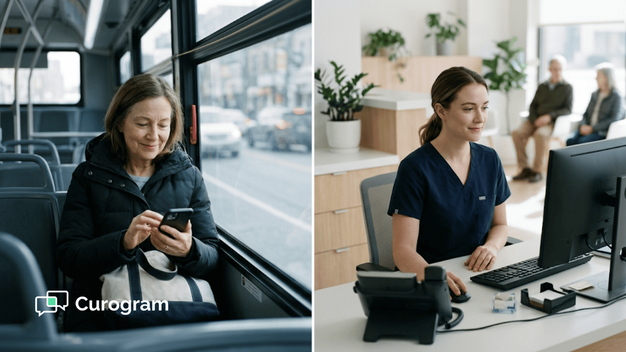 Patient on a bus replies to an appointment reminder text while a clinic front desk worker sees the confirmation