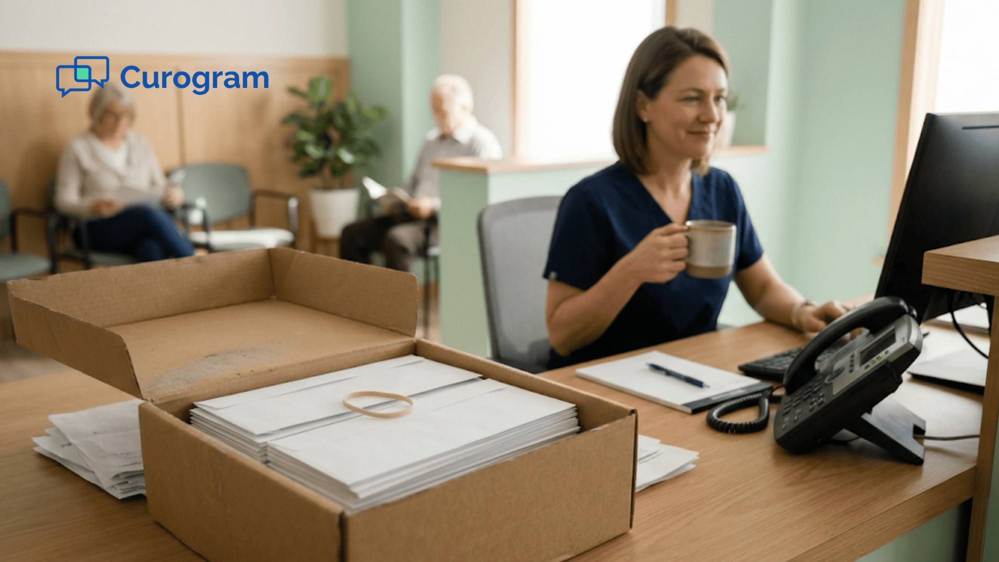 A calm front desk staff member sips coffee beside a dusty box of unused recall letters at a medical practice