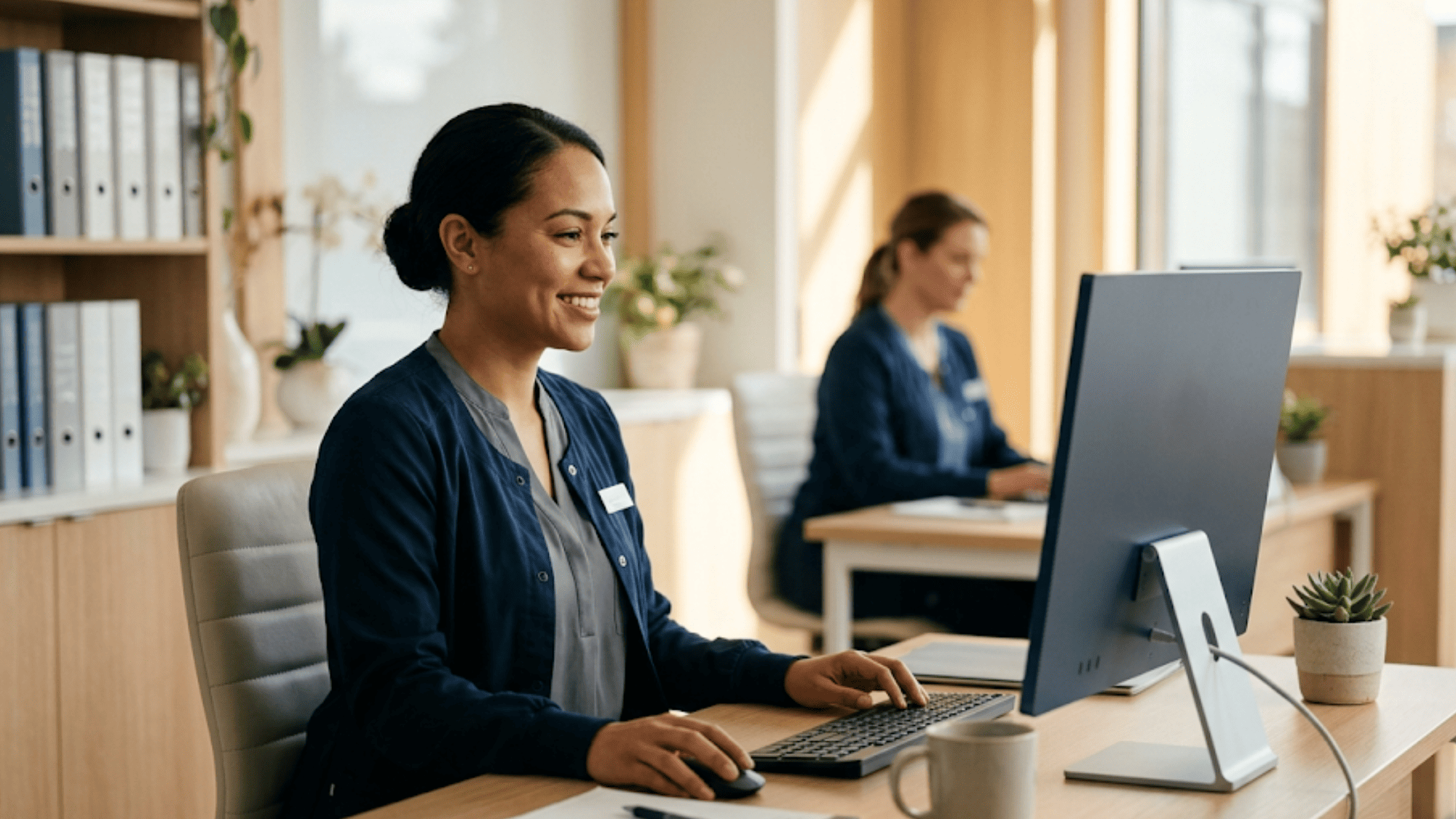 Relaxed medical front-desk worker running telehealth