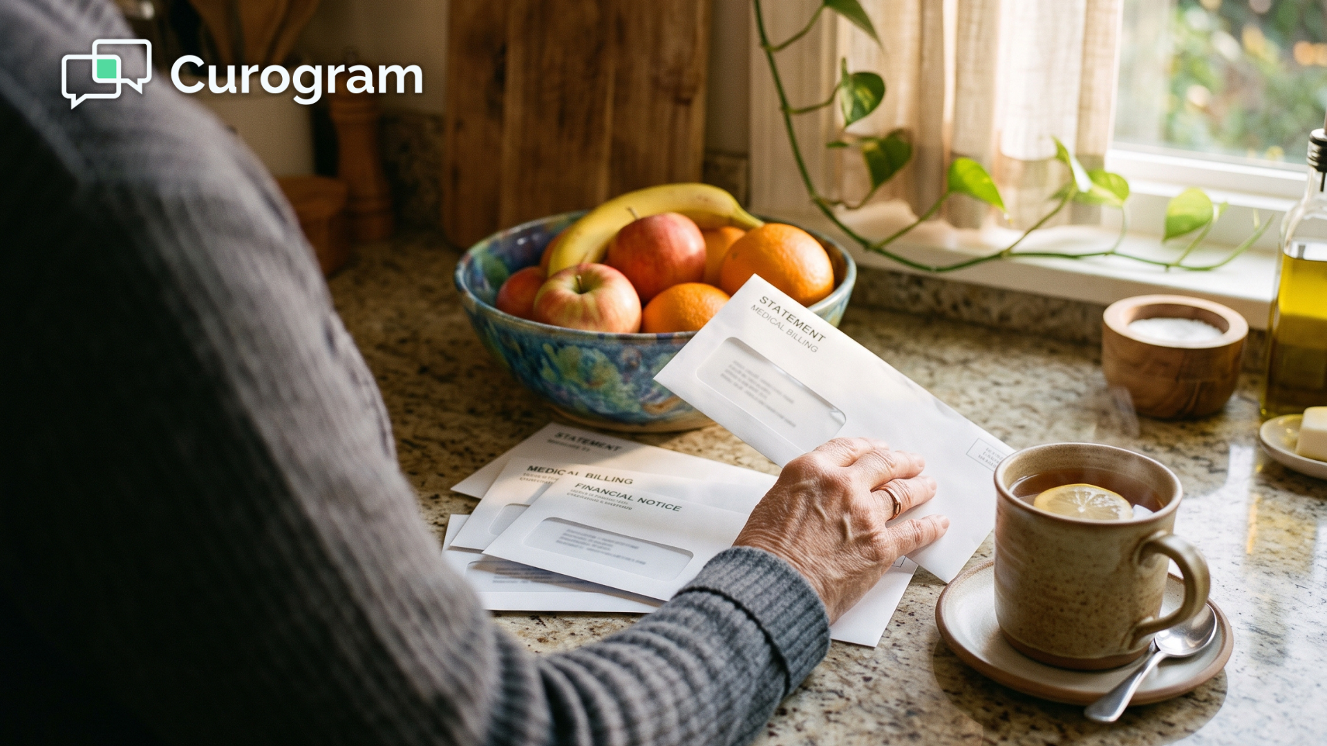 Unopened medical billing statements set aside on a home kitchen counter beside morning coffee