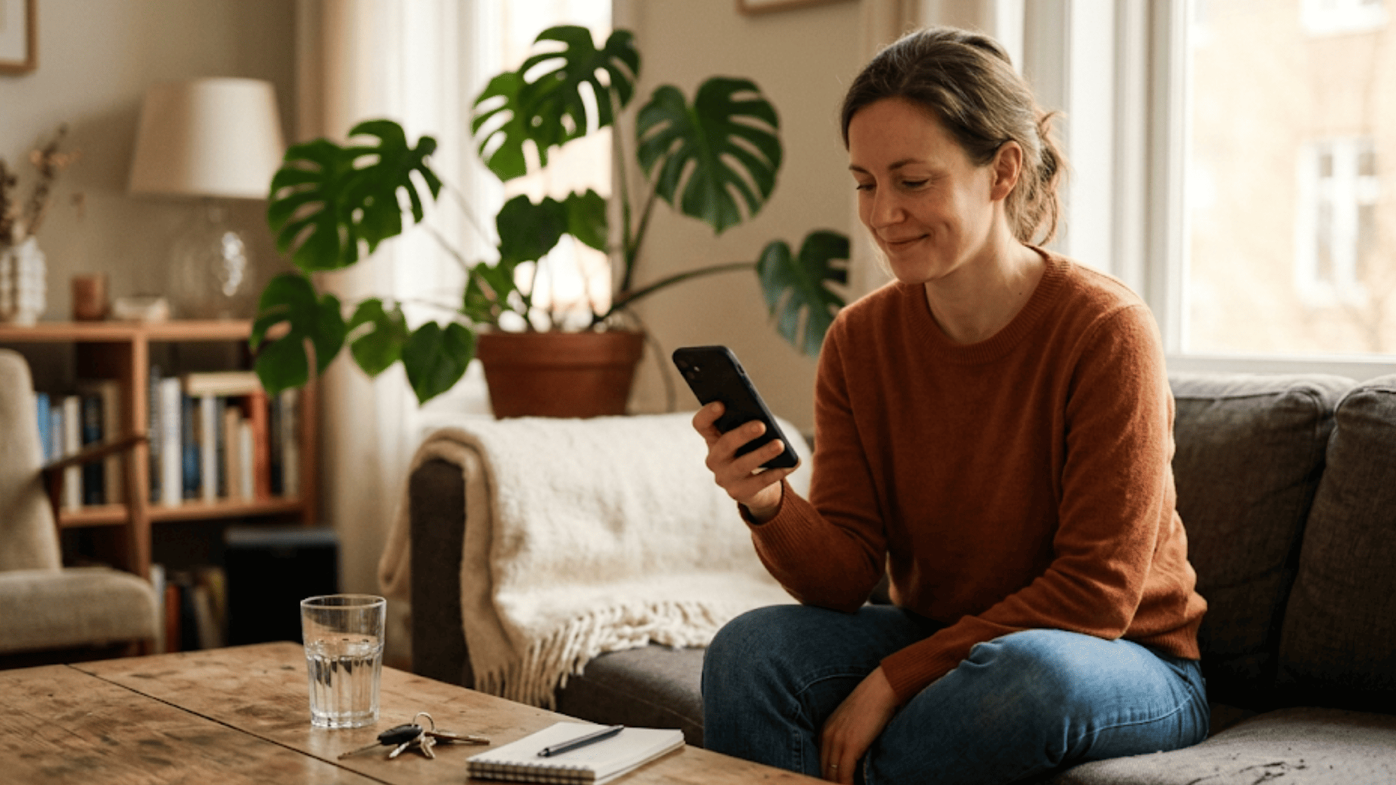 Woman at home reading a text message on her phone with a quiet, relieved smile during a between-visit MAT check-in