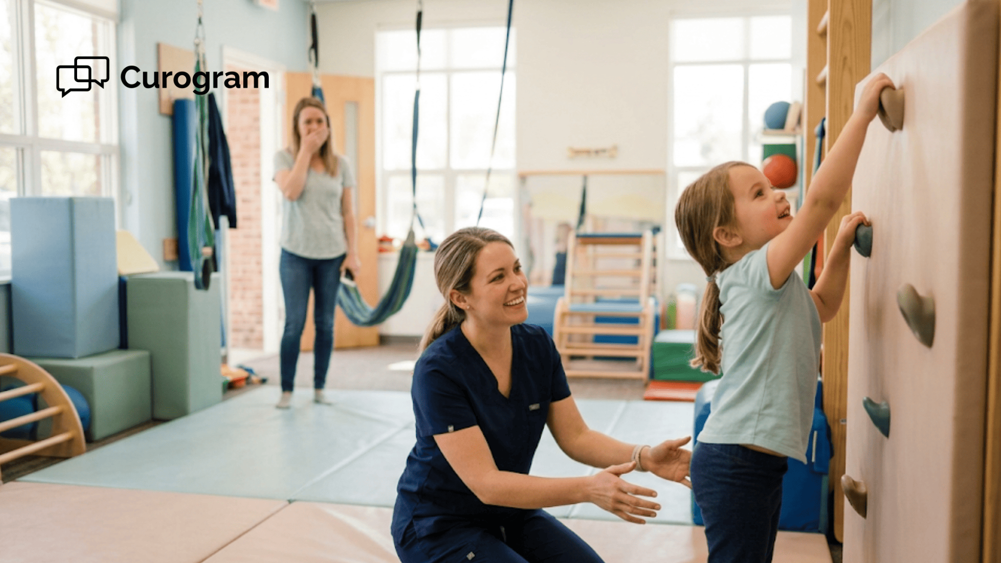 A mother is moved to tears as her daughter reaches a new goal during an occupational therapy session