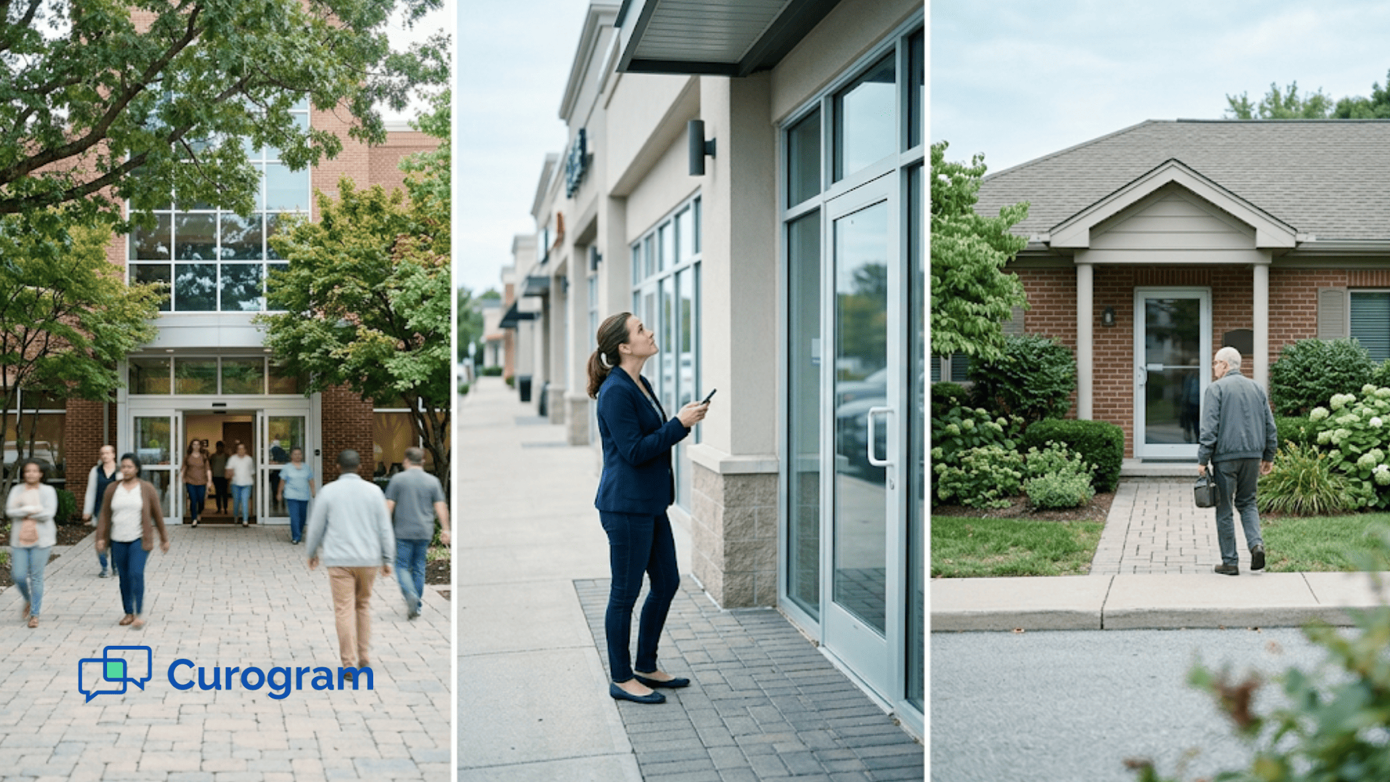 Three clinic entrances in different neighborhoods, with patients arriving at each network location