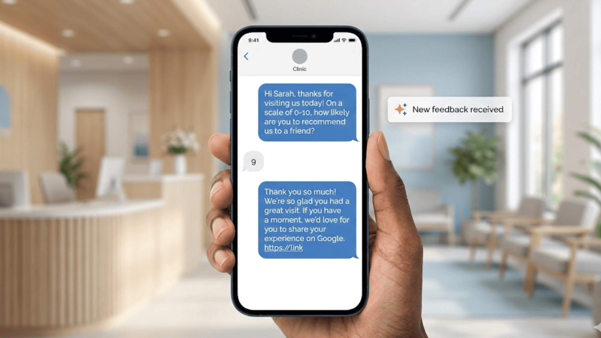 Smartphone showing patient feedback text survey with clinic response
