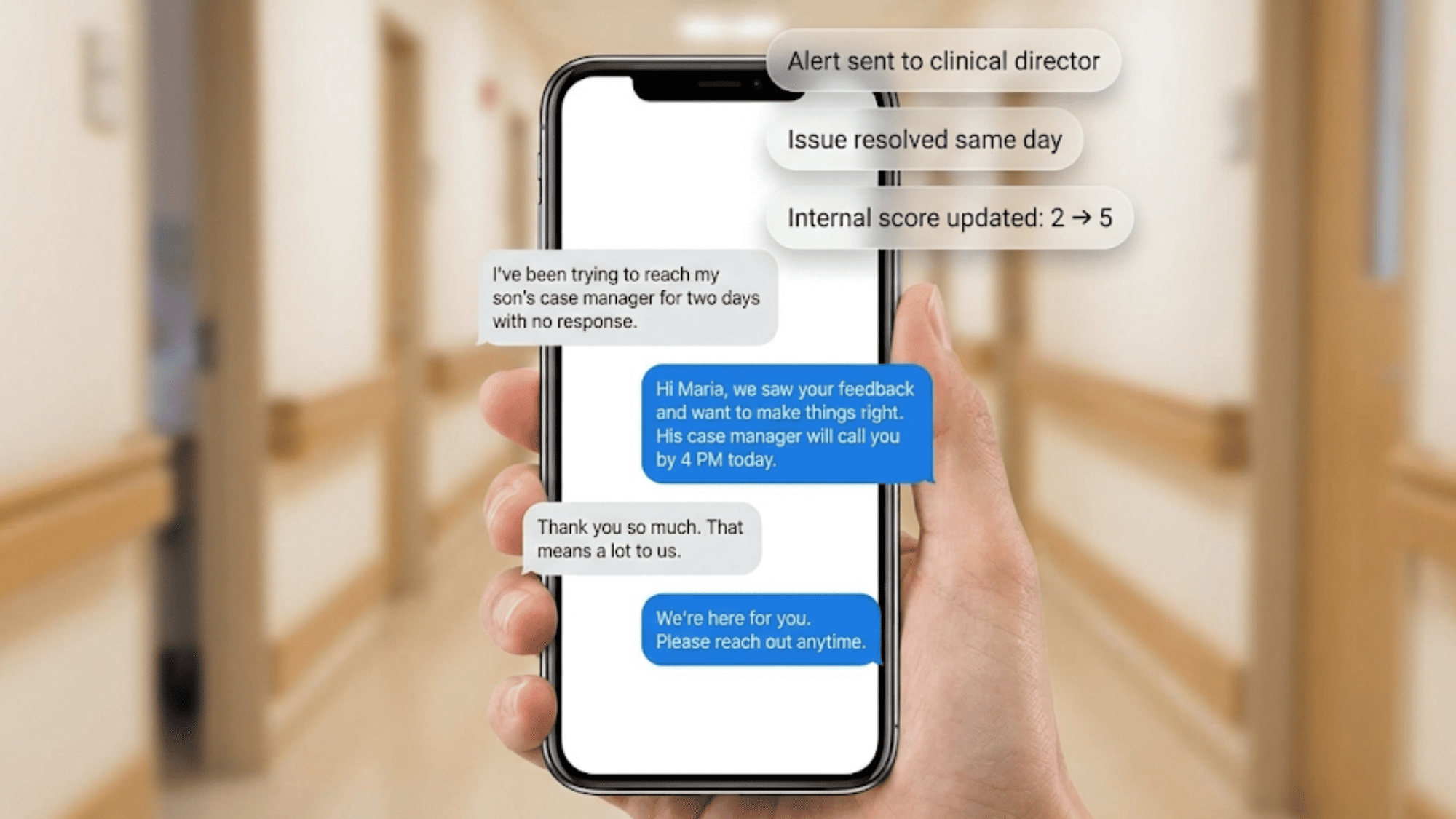Smartphone showing a text conversation between a rehab center and a patient family member during service recovery