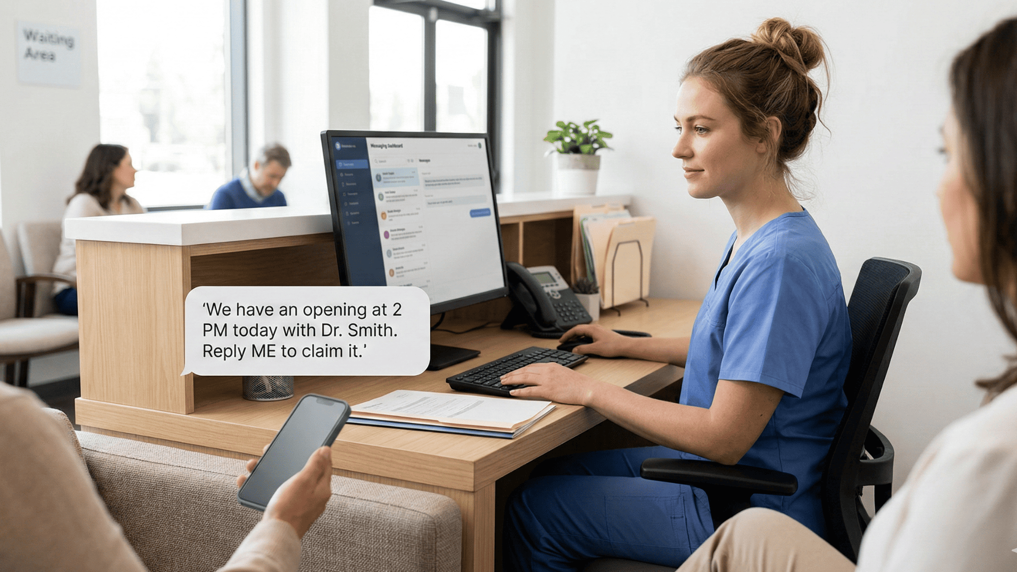 Front desk staff sending a mass text with a floating SMS notification appearing on a patient's phone