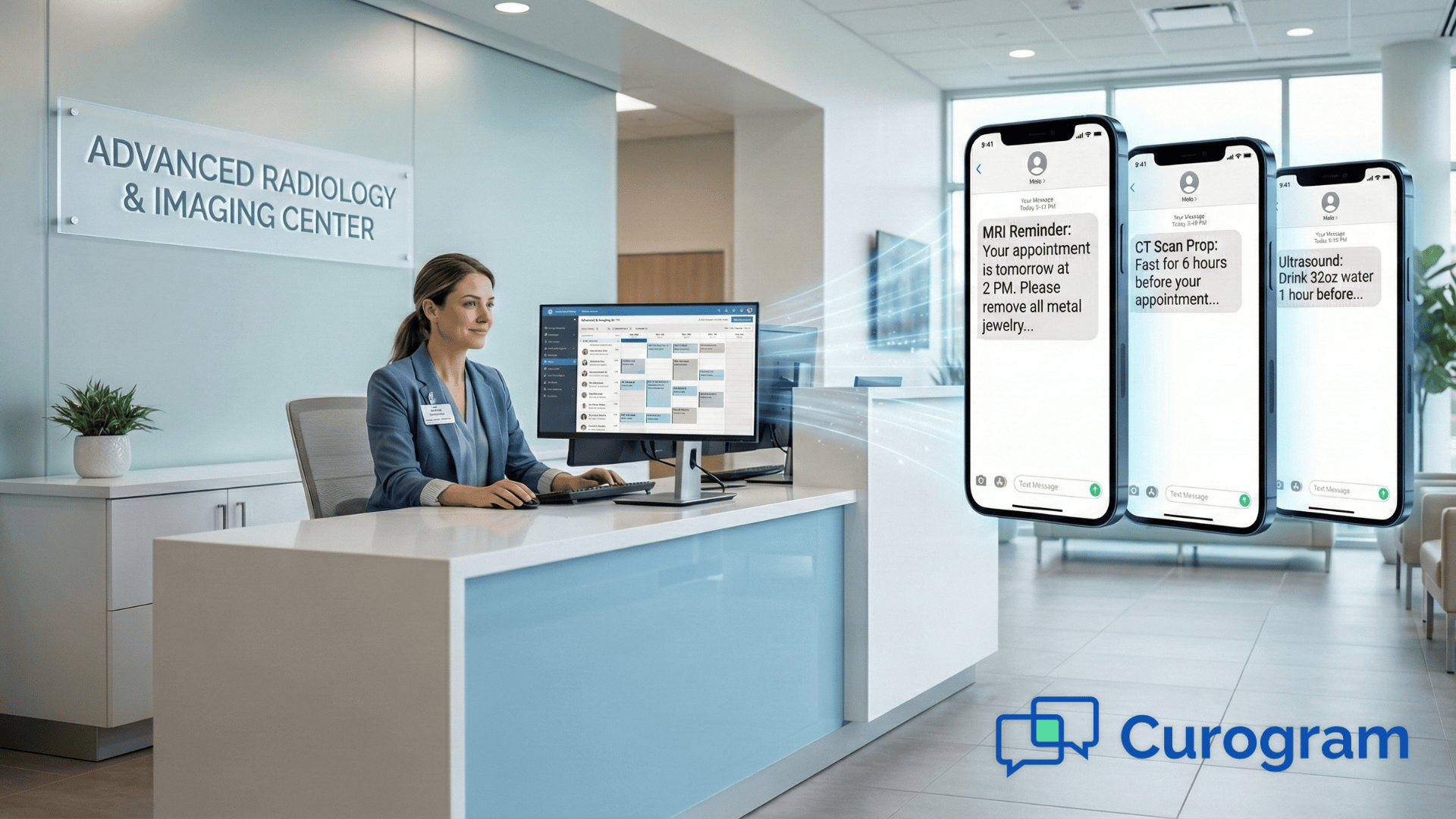 Automated patient texting reminders in action at an imaging center reception desk