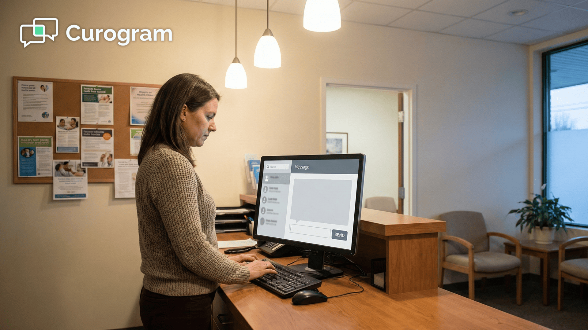 Clinic staff sending broadcast SMS to patients from a community health center desk