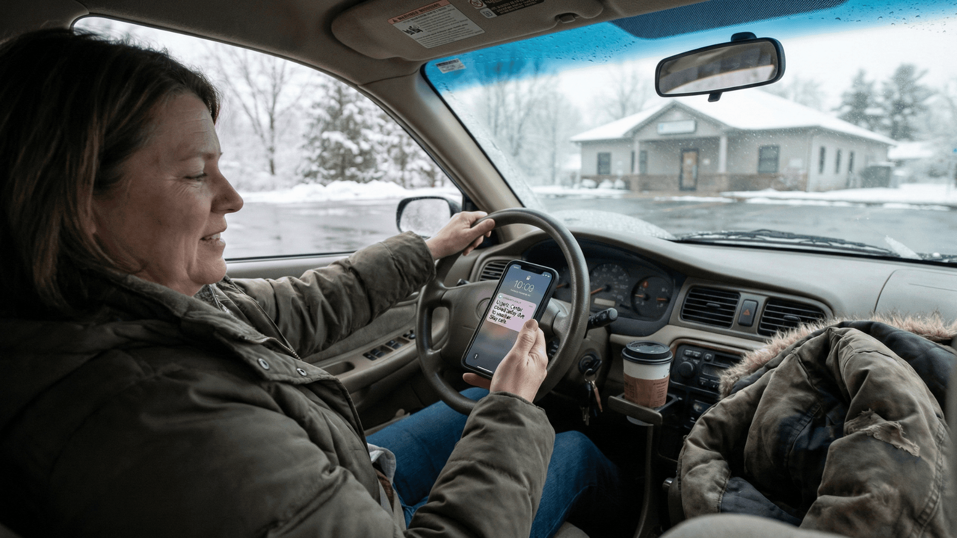 Patient reading urgent clinic closure text message on their phone in a parked car