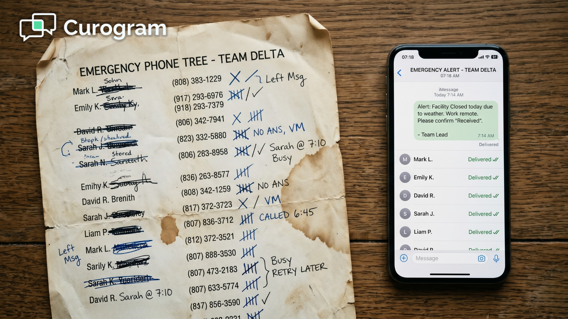Printed phone-tree list beside a phone sending a Notenetic group text broadcast